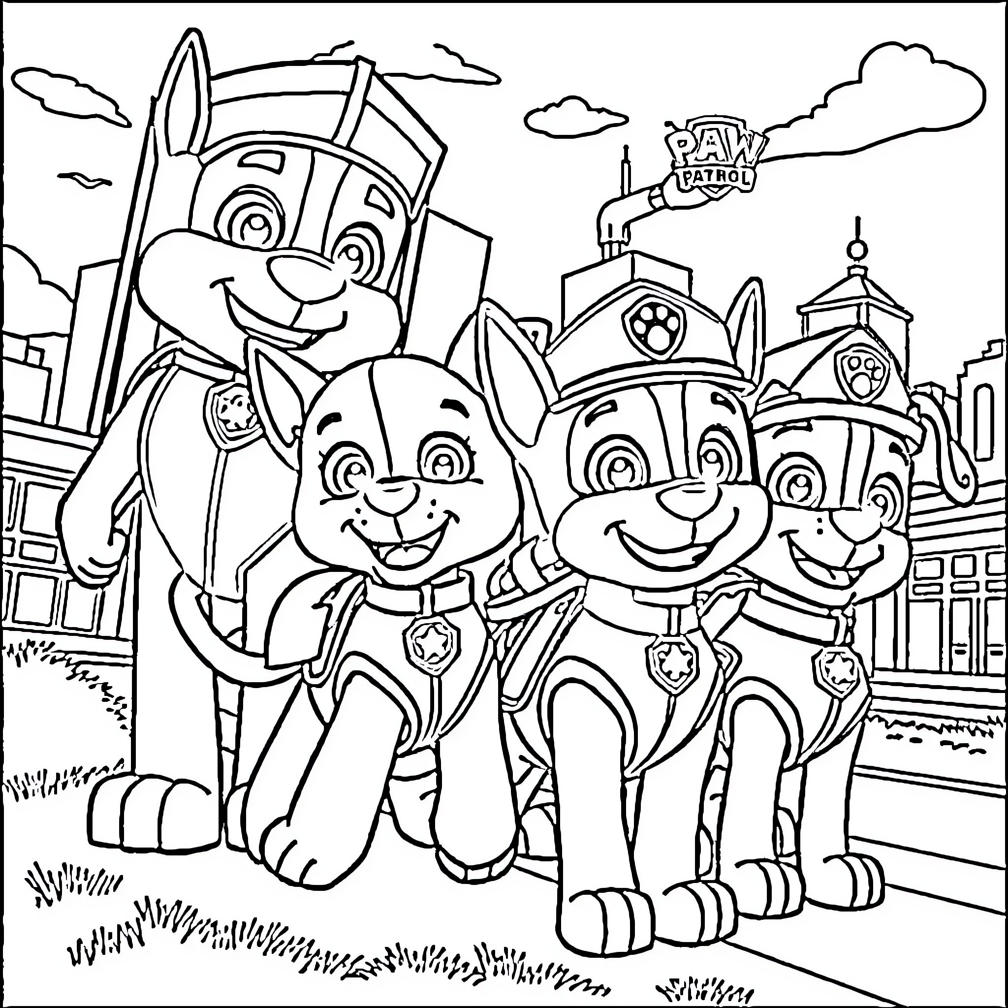 Paw Patrol team in action at the town Coloring Page (free black-and-white line drawing printable PDF for all, from beginners to advanced learners, including children, teens, adults, and seniors)