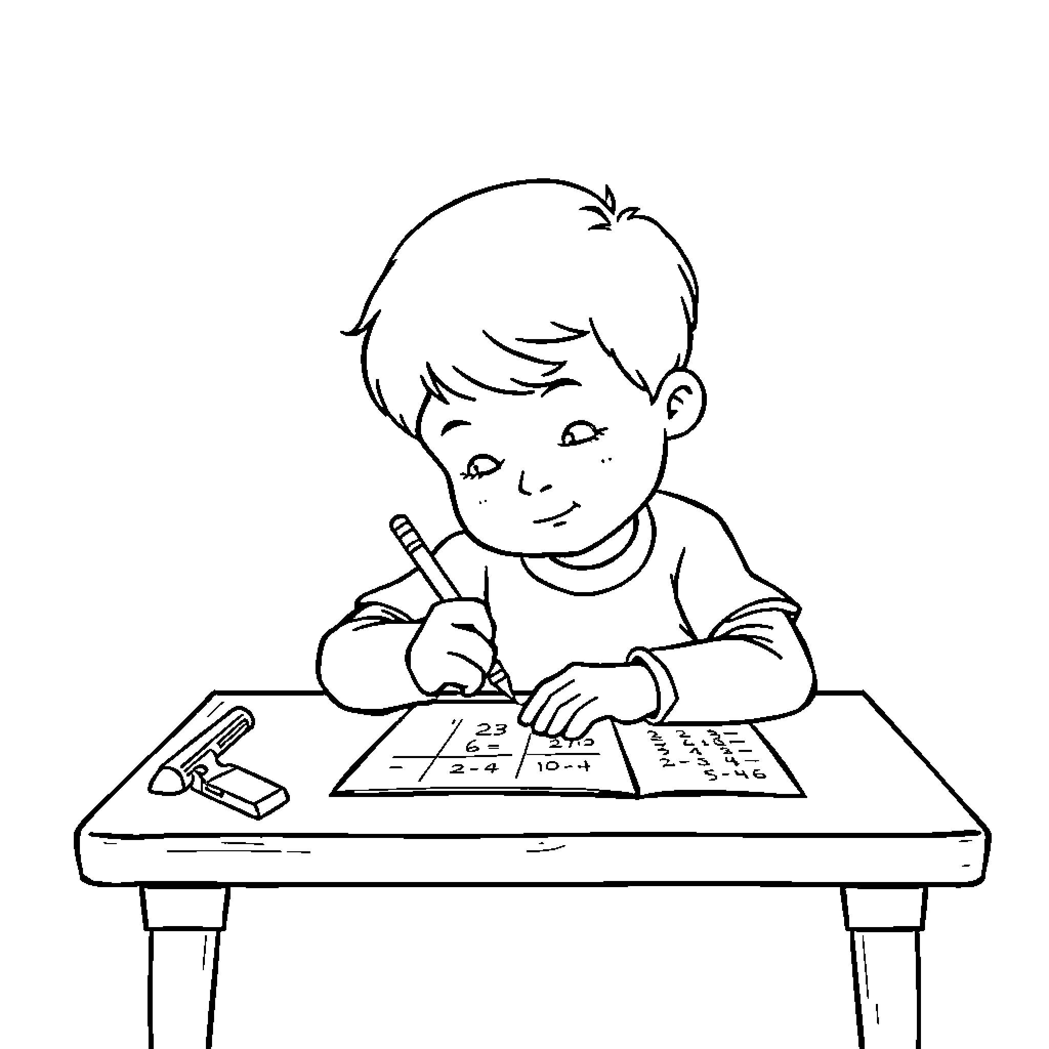 Child diligently working on schoolwork at desk Coloring Page (free black-and-white line drawing printable PDF for all, from beginners to advanced learners, including children, teens, adults, and seniors)