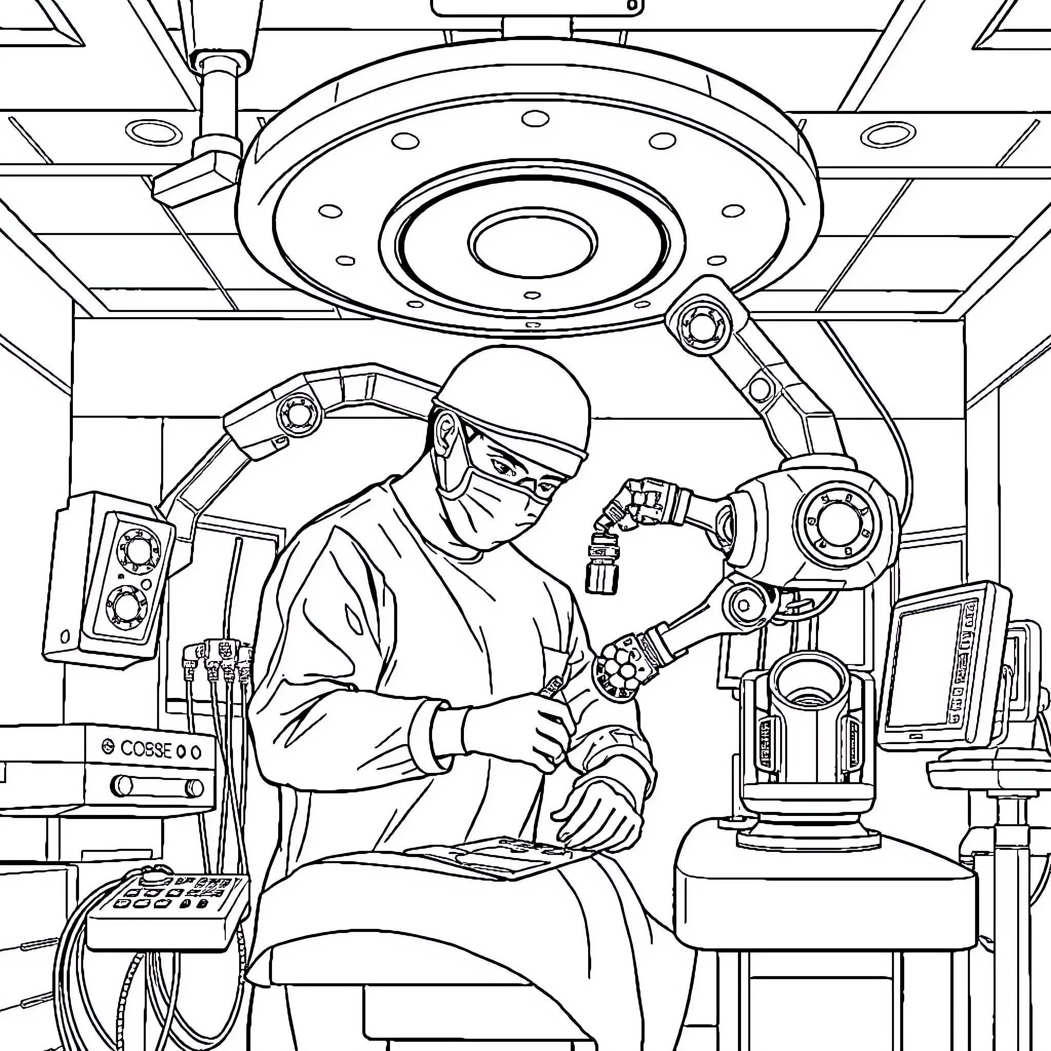 Robot Surgeon Operating in Surgical Room Coloring Page (free black-and-white line drawing printable PDF for all, from beginners to advanced learners, including children, teens, adults, and seniors)