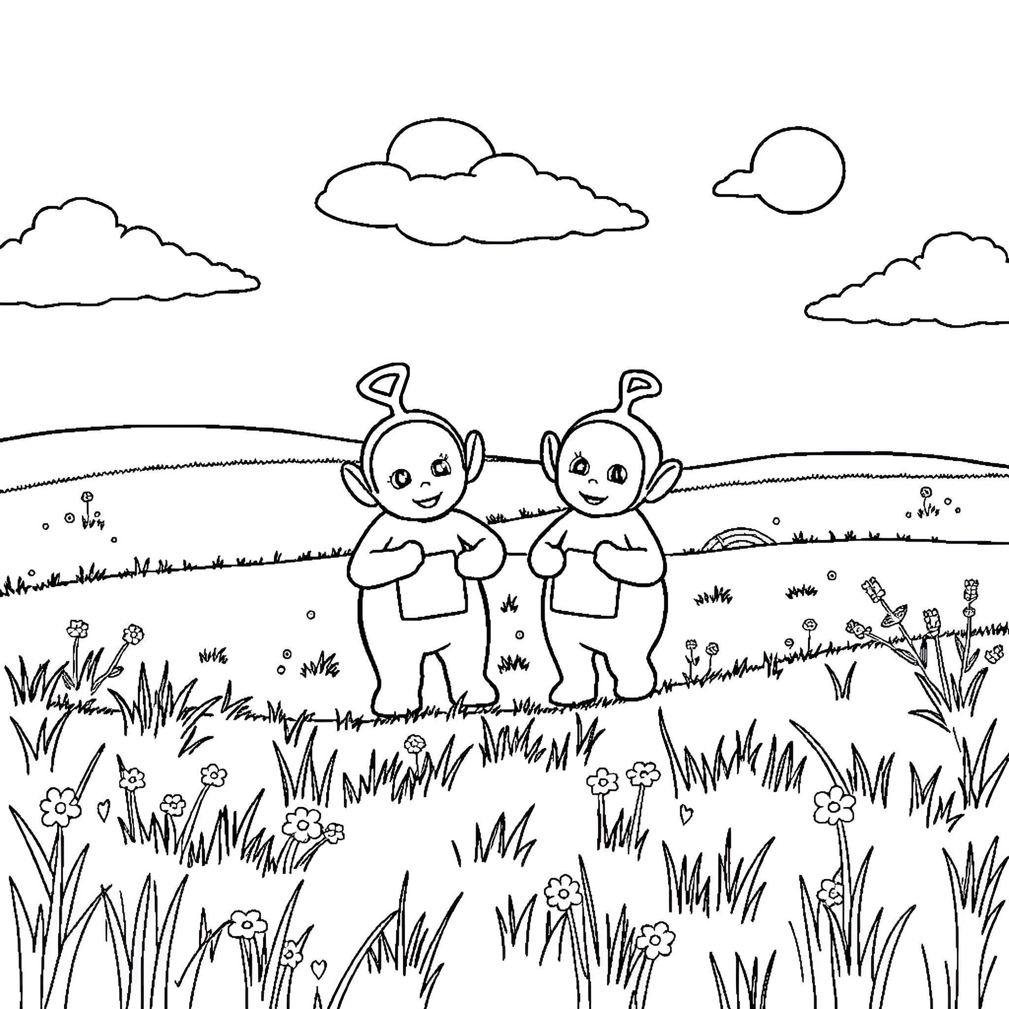 Teletubby friends exploring nature's wonders Coloring Page (free black-and-white line drawing printable PDF for all, from beginners to advanced learners, including children, teens, adults, and seniors)