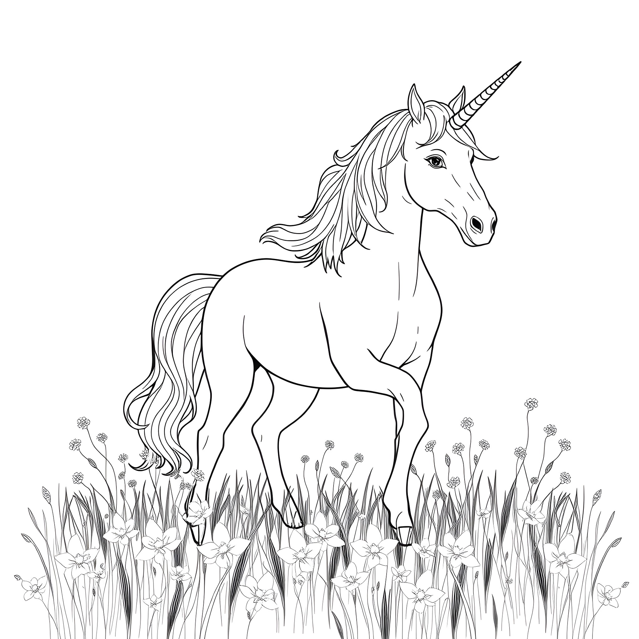 Unicorn standing gracefully in a magical field Coloring Page (free black-and-white line drawing printable PDF for all, from beginners to advanced learners, including children, teens, adults, and seniors)