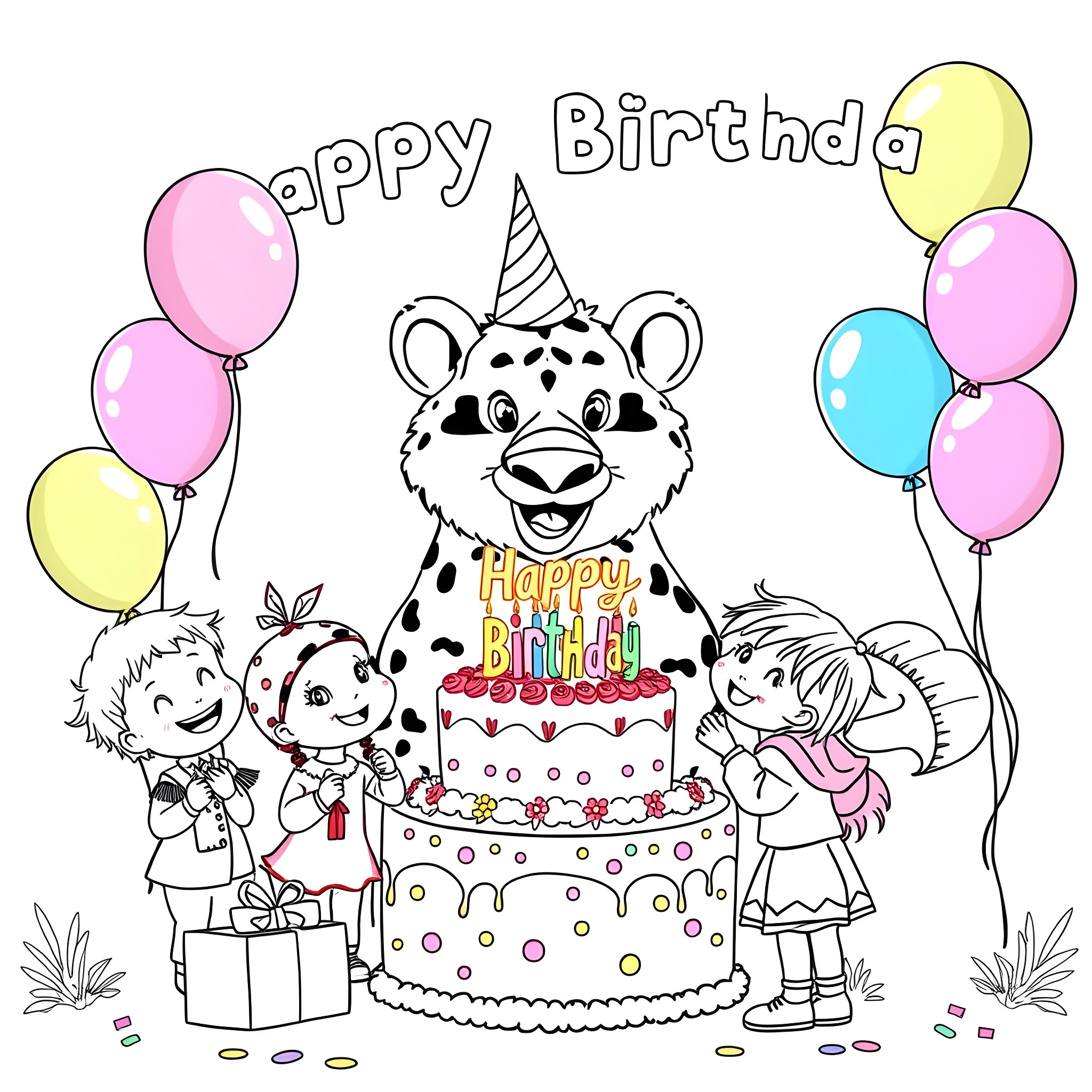 Zoo Animal Celebrating Birthday with Kids and Balloons Coloring Page (free black-and-white line drawing printable PDF for all, from beginners to advanced learners, including children, teens, adults, and seniors)