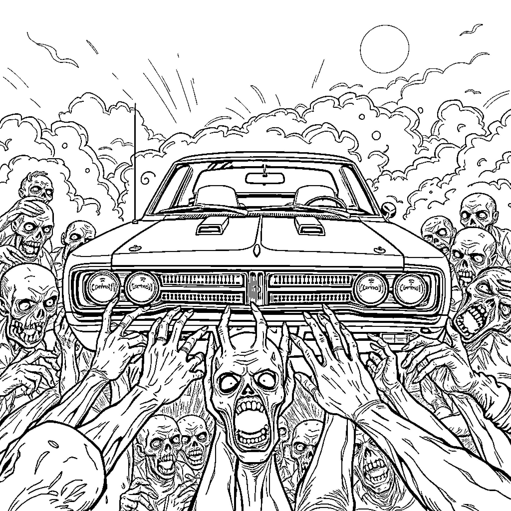 Dodge Coronet surrounded by haunting zombie figures Coloring Page (free black-and-white line drawing printable PDF for all, from beginners to advanced learners, including children, teens, adults, and seniors)