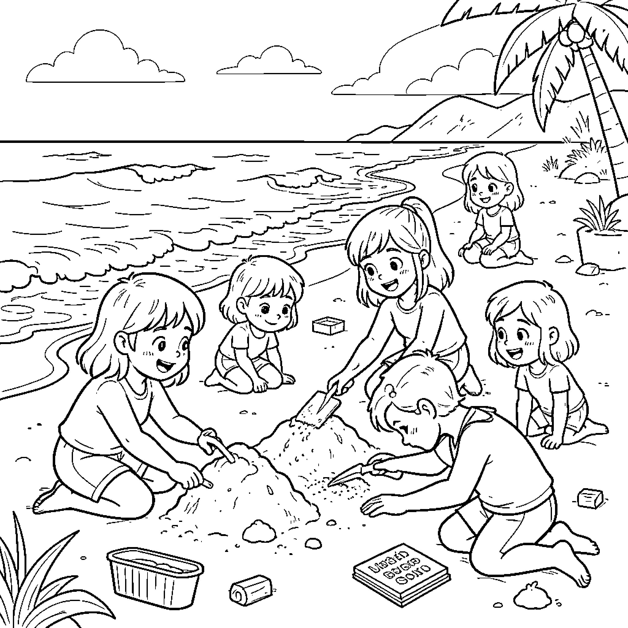 Blue Clue children playing together in the sand Coloring Page (free black-and-white line drawing printable PDF for all, from beginners to advanced learners, including children, teens, adults, and seniors)