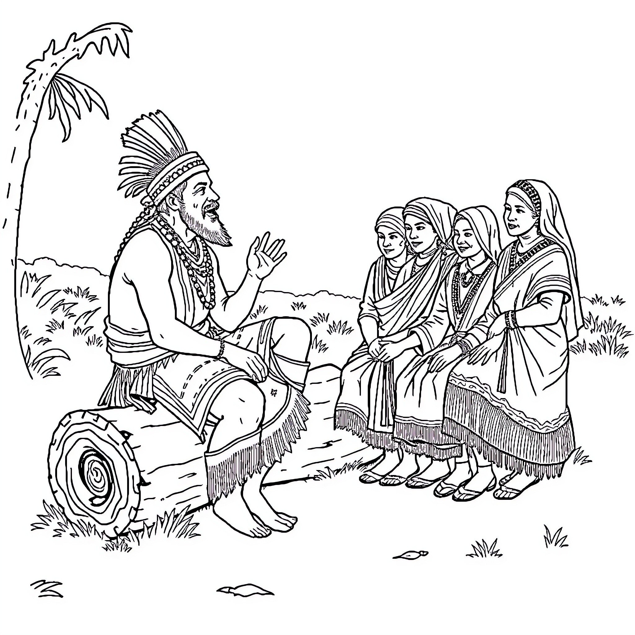 Tribesman conversing with group of women in traditional attire Coloring Page (free black-and-white line drawing printable PDF for all, from beginners to advanced learners, including children, teens, adults, and seniors)