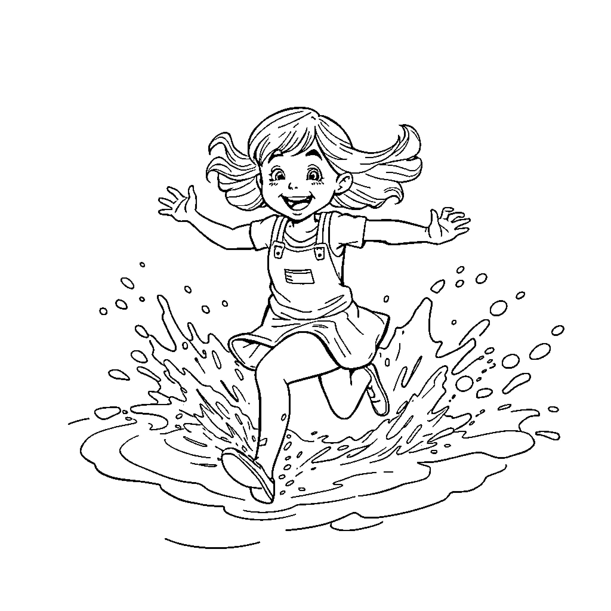 Girl joyfully splashing in puddle Coloring Page (free black-and-white line drawing printable PDF for all, from beginners to advanced learners, including children, teens, adults, and seniors)