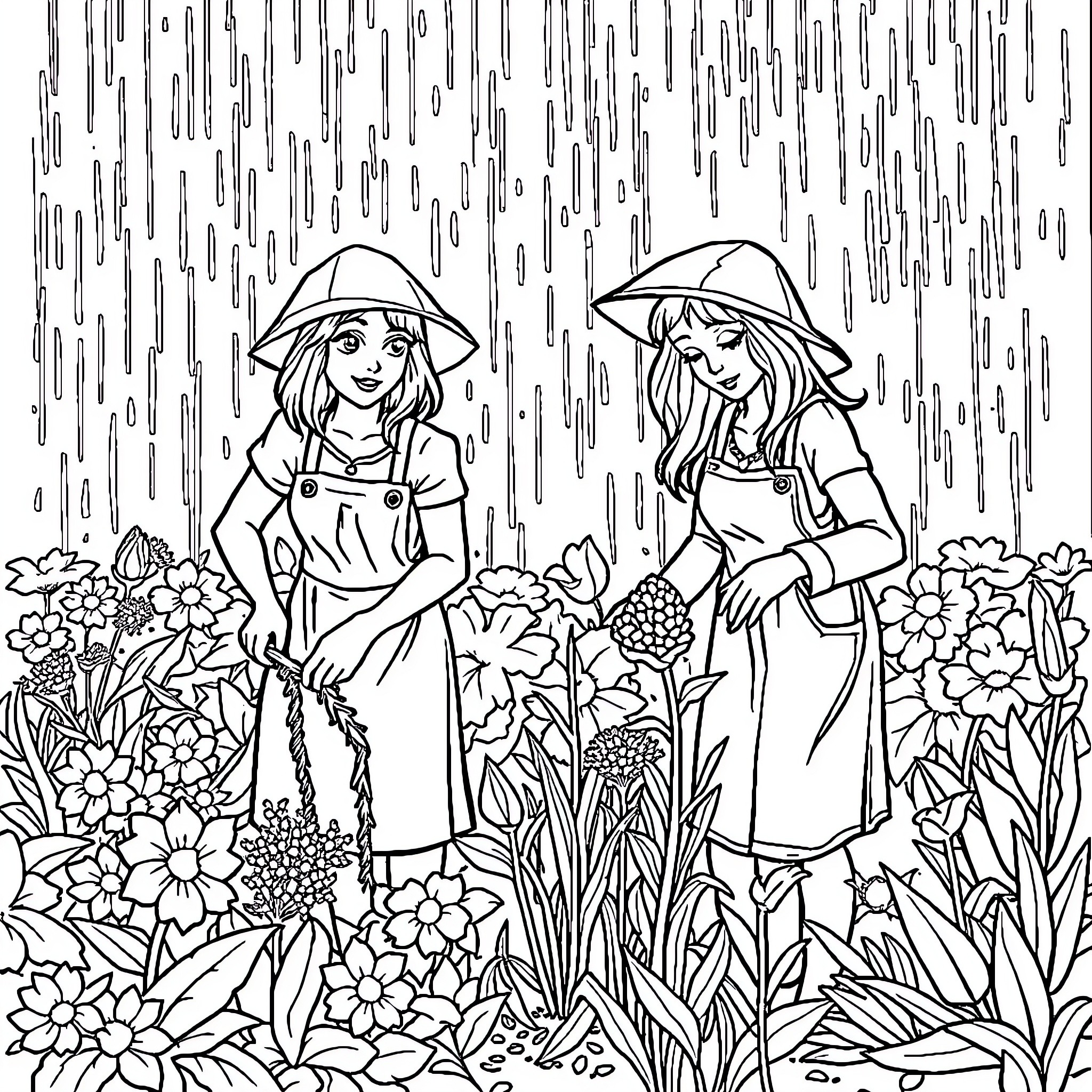 Women gardening in the rain Coloring Page (free black-and-white line drawing printable PDF for all, from beginners to advanced learners, including children, teens, adults, and seniors)