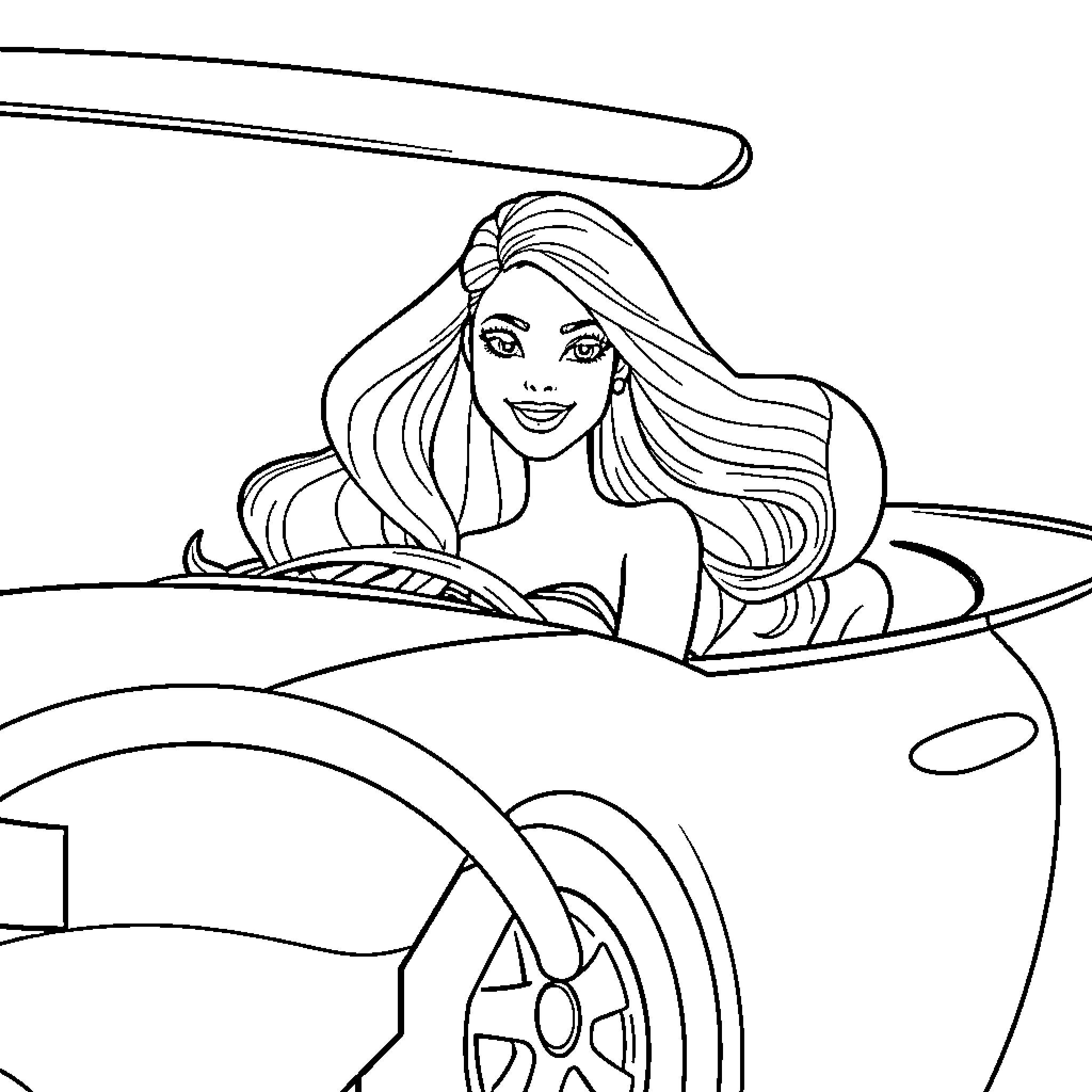 Barbie driving a stylish convertible car Coloring Page (free black-and-white line drawing printable PDF for all, from beginners to advanced learners, including children, teens, adults, and seniors)