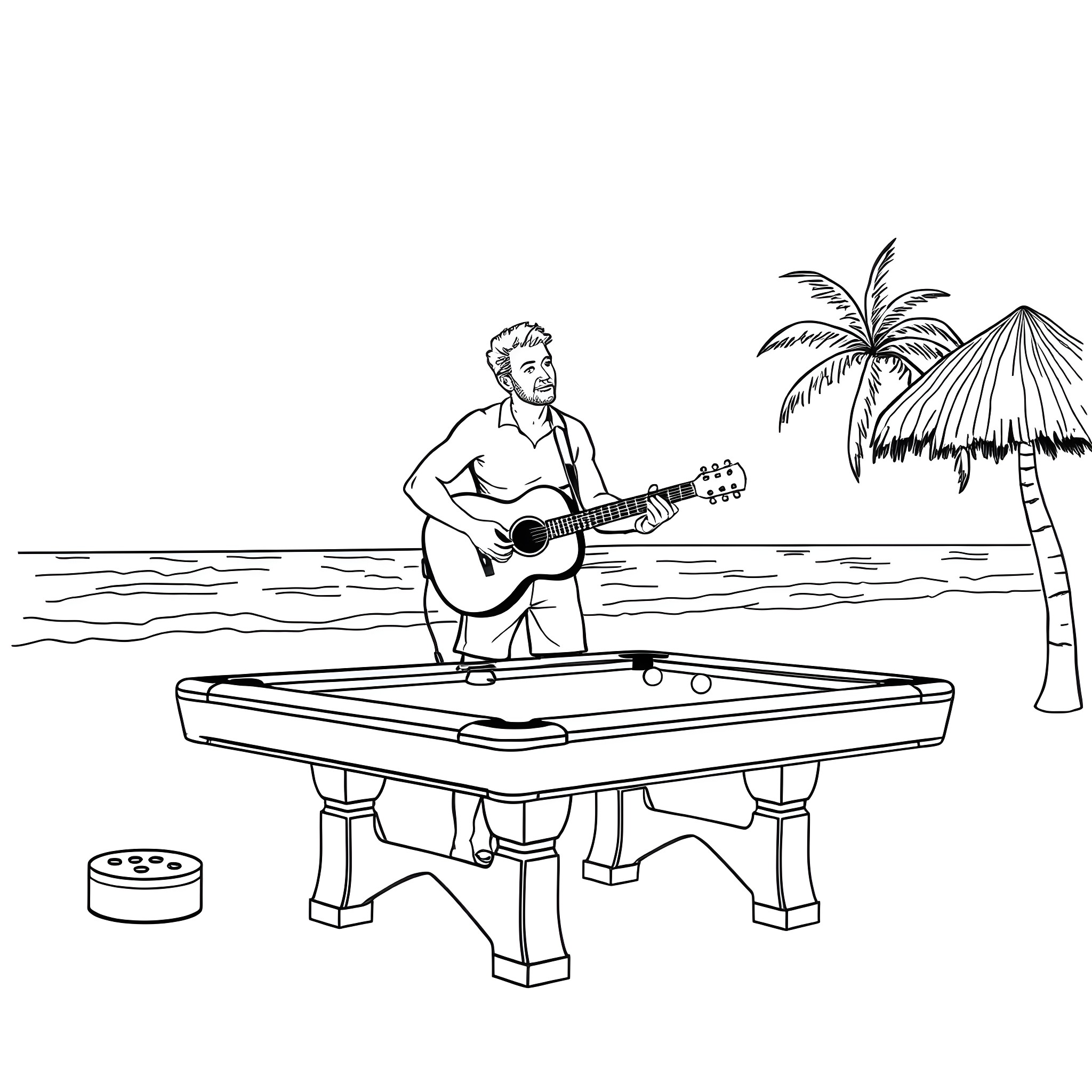 Man playing guitar on a beach with palm trees Coloring Page (free black-and-white line drawing printable PDF for all, from beginners to advanced learners, including children, teens, adults, and seniors)