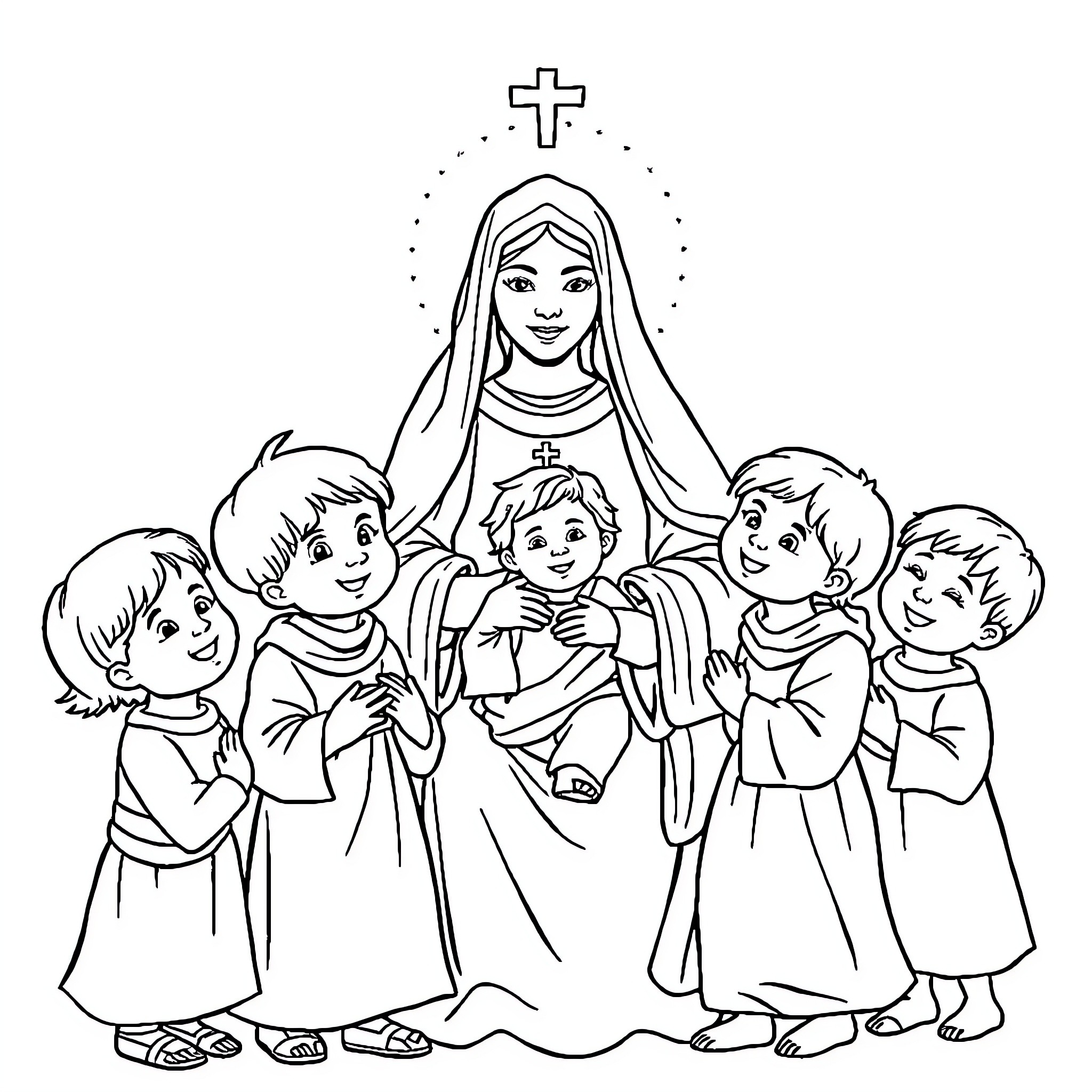 Santa Teresita and her children Coloring Page (free black-and-white line drawing printable PDF for all, from beginners to advanced learners, including children, teens, adults, and seniors)