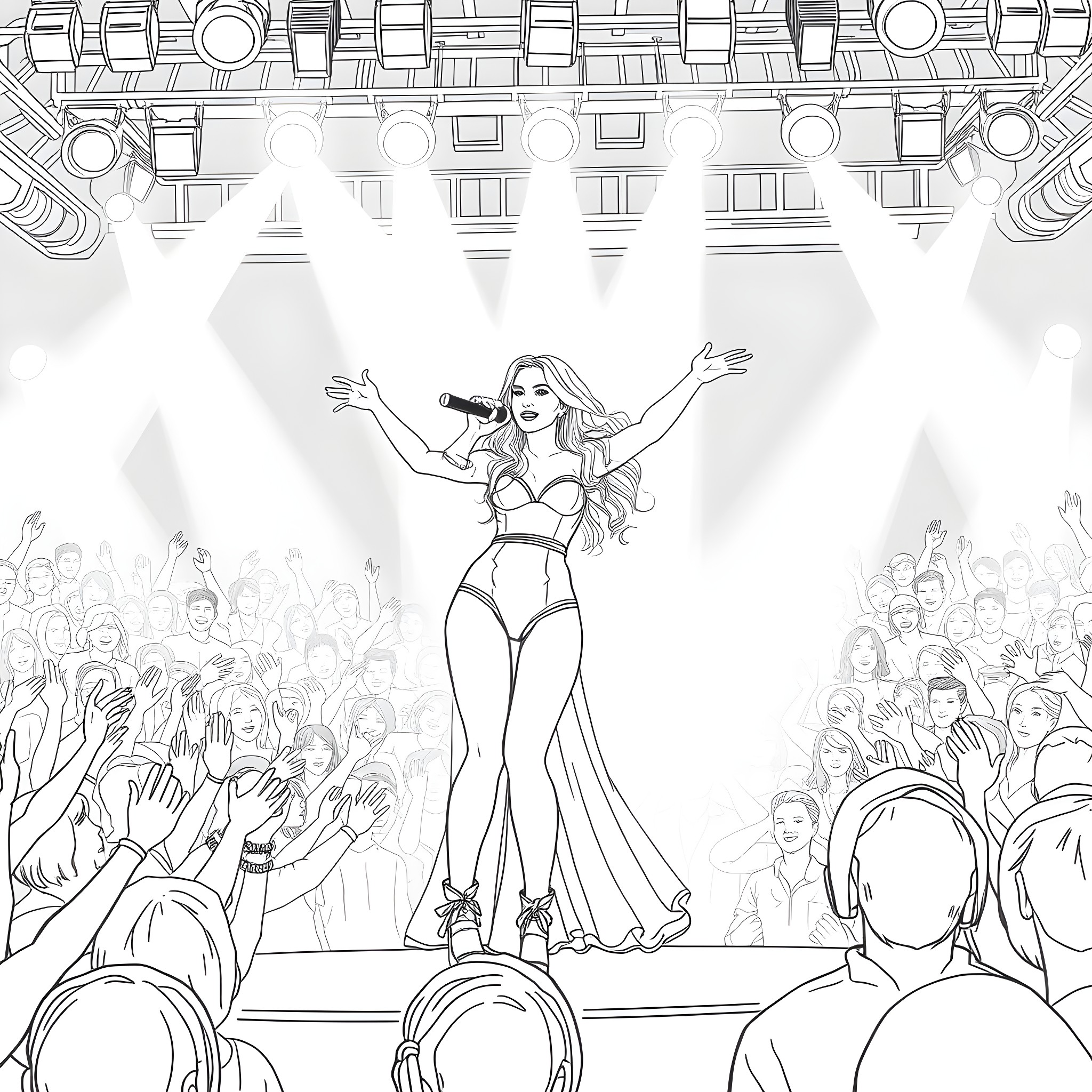 Taylor Banks performing on stage before a cheering crowd Coloring Page (free black-and-white line drawing printable PDF for all, from beginners to advanced learners, including children, teens, adults, and seniors)