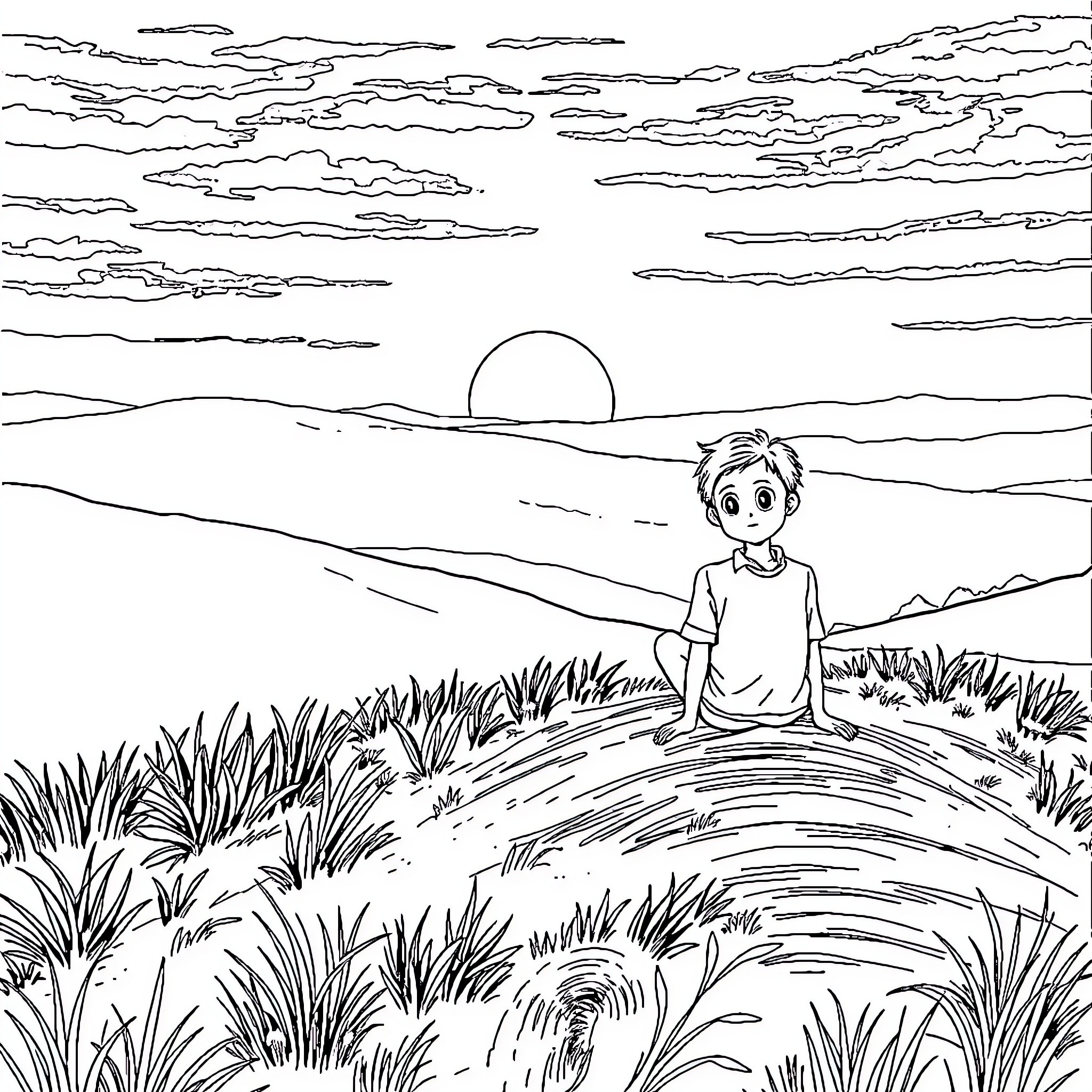 Boy sitting alone in a peaceful landscape Coloring Page (free black-and-white line drawing printable PDF for all, from beginners to advanced learners, including children, teens, adults, and seniors)