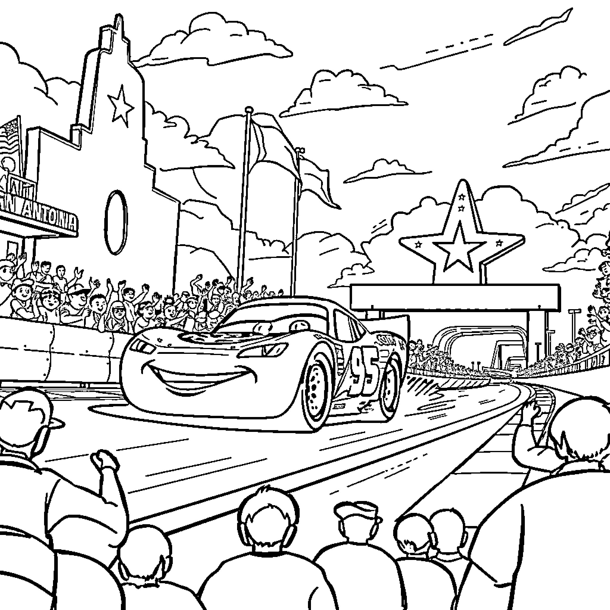 Lightning McQueen Races through Animated Town Coloring Page (free black-and-white line drawing printable PDF for all, from beginners to advanced learners, including children, teens, adults, and seniors)
