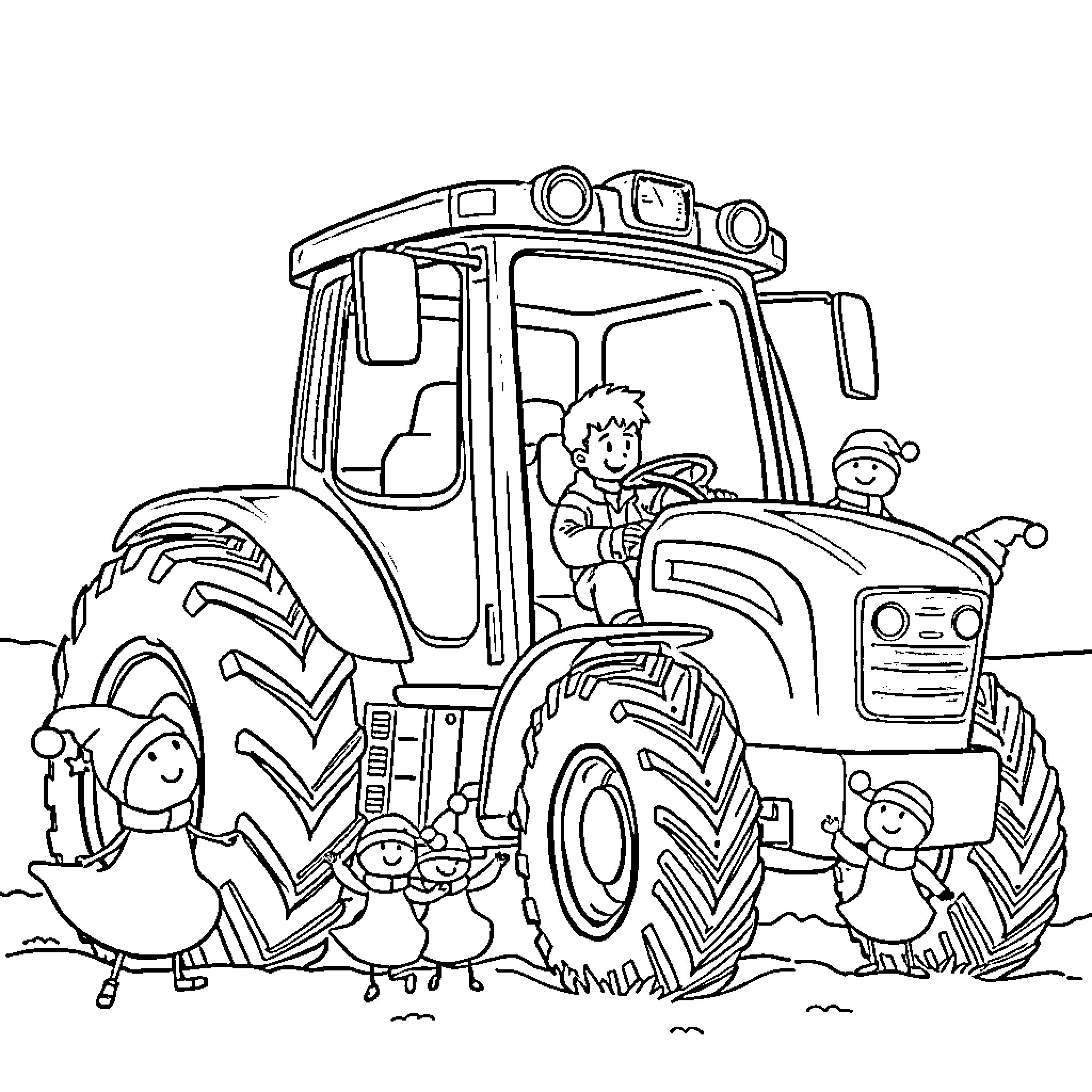 Tracteur avec des fermiers dans un champ Coloring Page (free black-and-white line drawing printable PDF for all, from beginners to advanced learners, including children, teens, adults, and seniors)