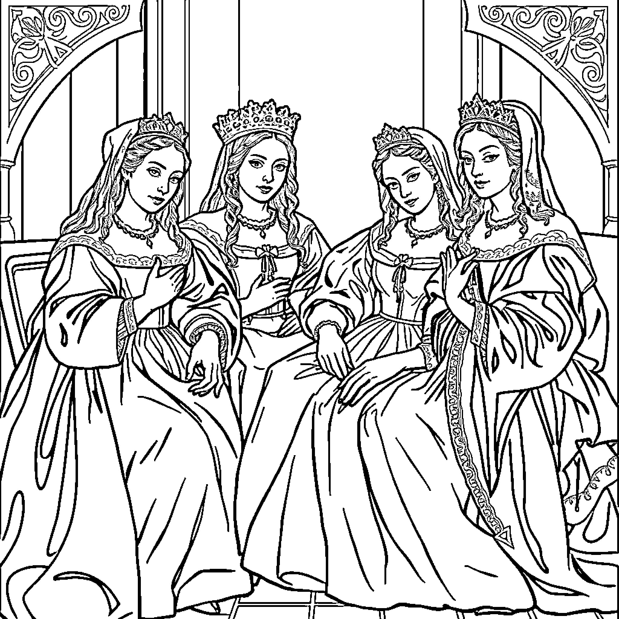 Las Meninas: Four Women Wearing Ornate Dresses and Crowns Coloring Page (free black-and-white line drawing printable PDF for all, from beginners to advanced learners, including children, teens, adults, and seniors)