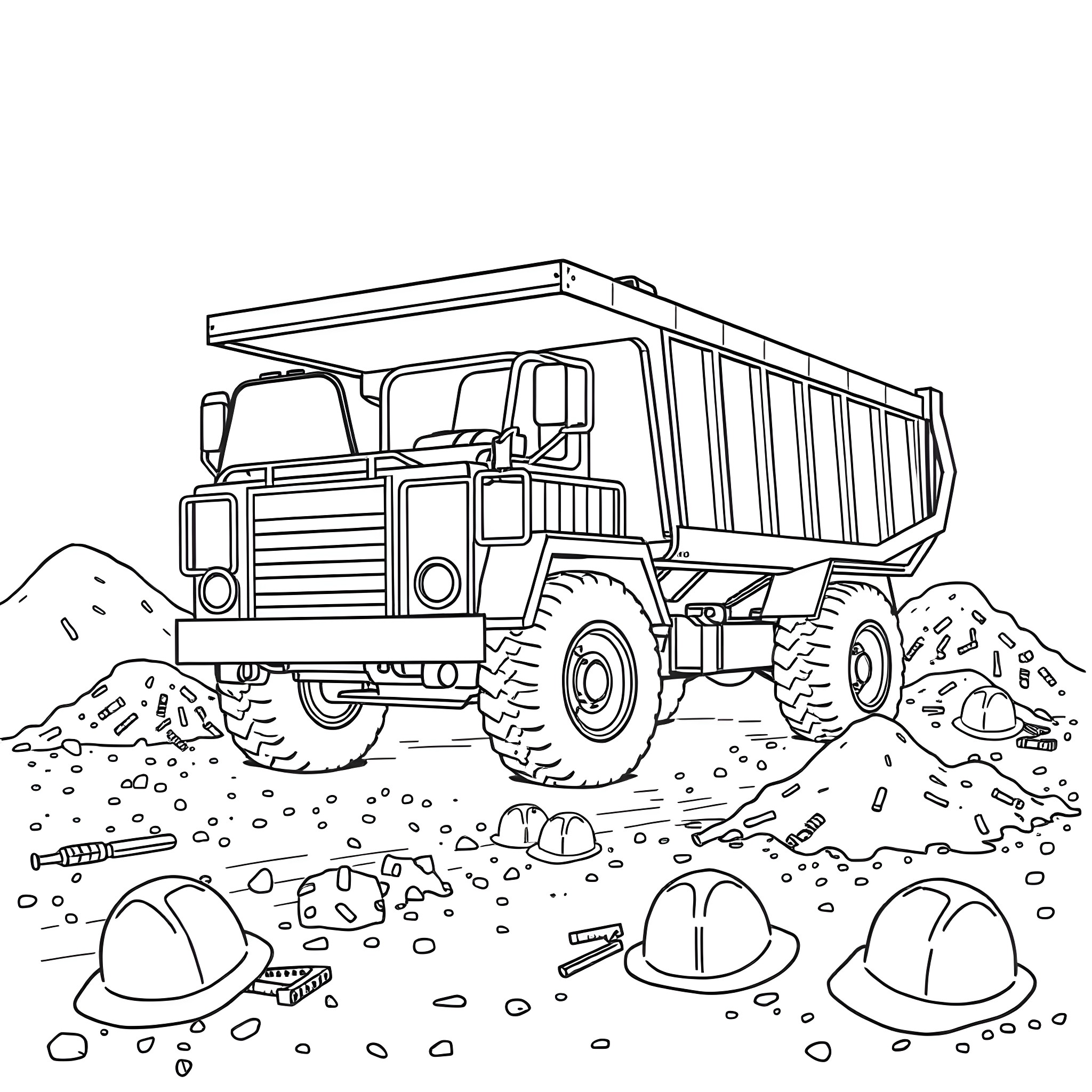 Dump Trailer Transporting Rocks and Rubble Coloring Page (free black-and-white line drawing printable PDF for all, from beginners to advanced learners, including children, teens, adults, and seniors)