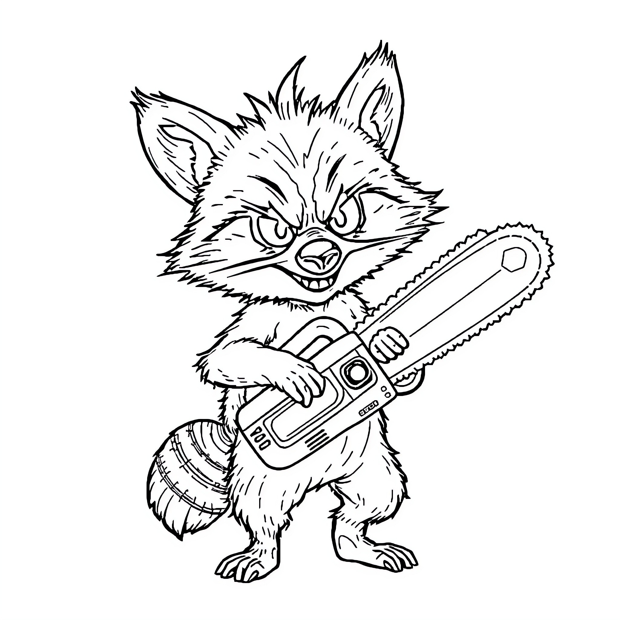 Raccoon wielding a chainsaw Coloring Page (free black-and-white line drawing printable PDF for all, from beginners to advanced learners, including children, teens, adults, and seniors)