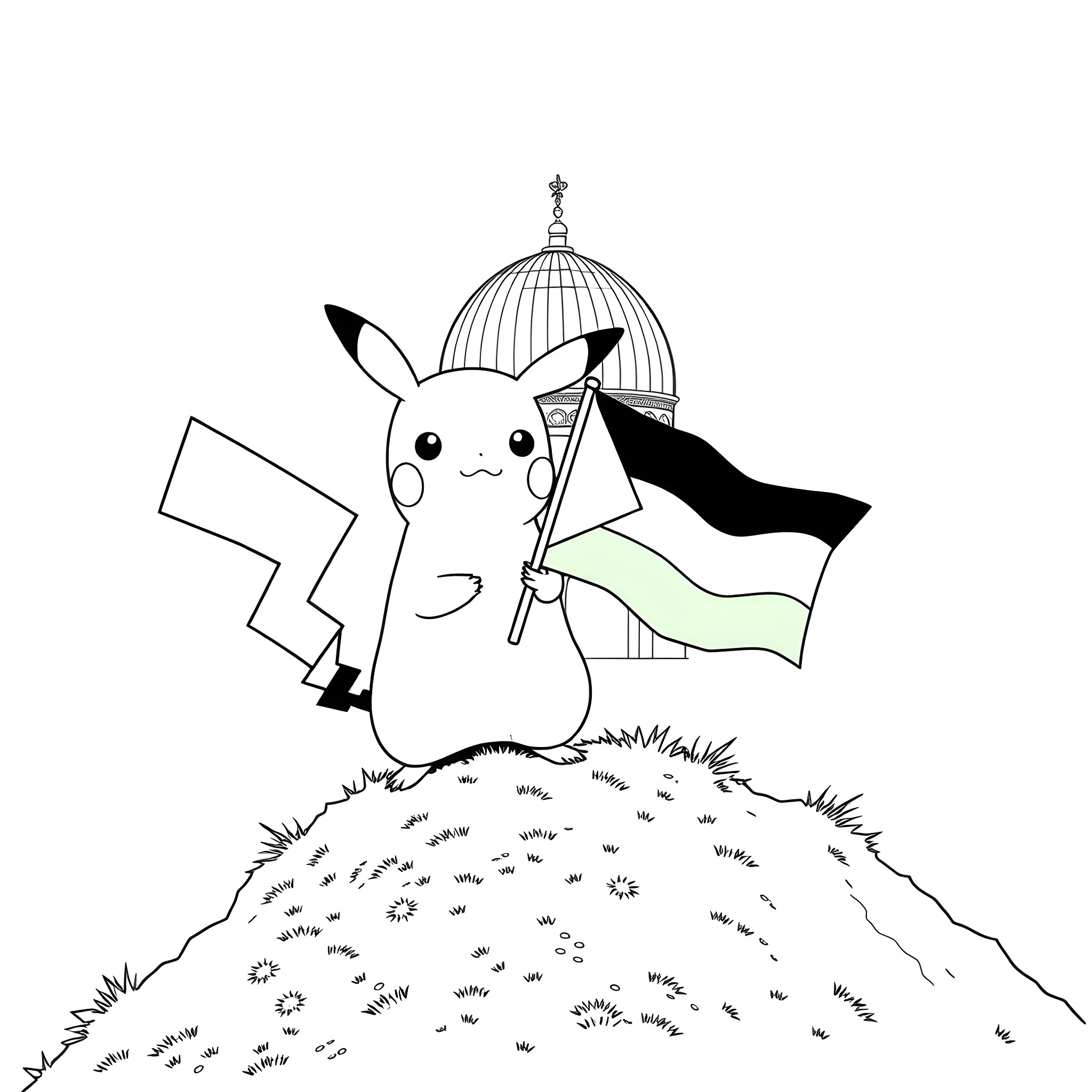 Pikachu escaping from birdcage with flag Coloring Page (free black-and-white line drawing printable PDF for all, from beginners to advanced learners, including children, teens, adults, and seniors)