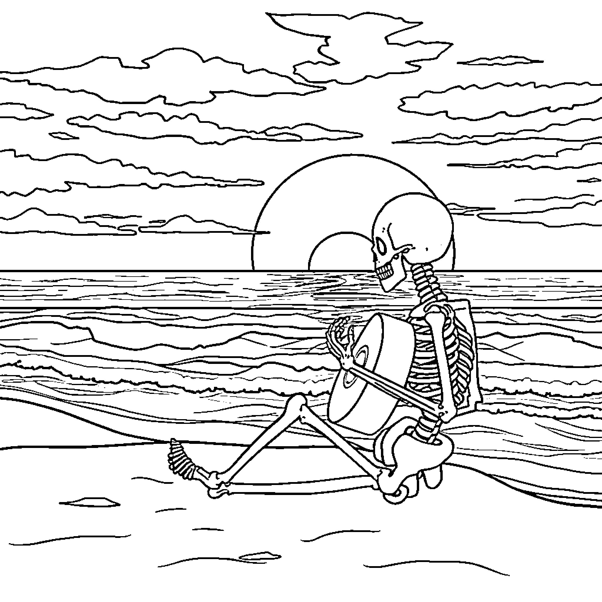 Skeleton relaxing on the beach during sunset Coloring Page (free black-and-white line drawing printable PDF for all, from beginners to advanced learners, including children, teens, adults, and seniors)