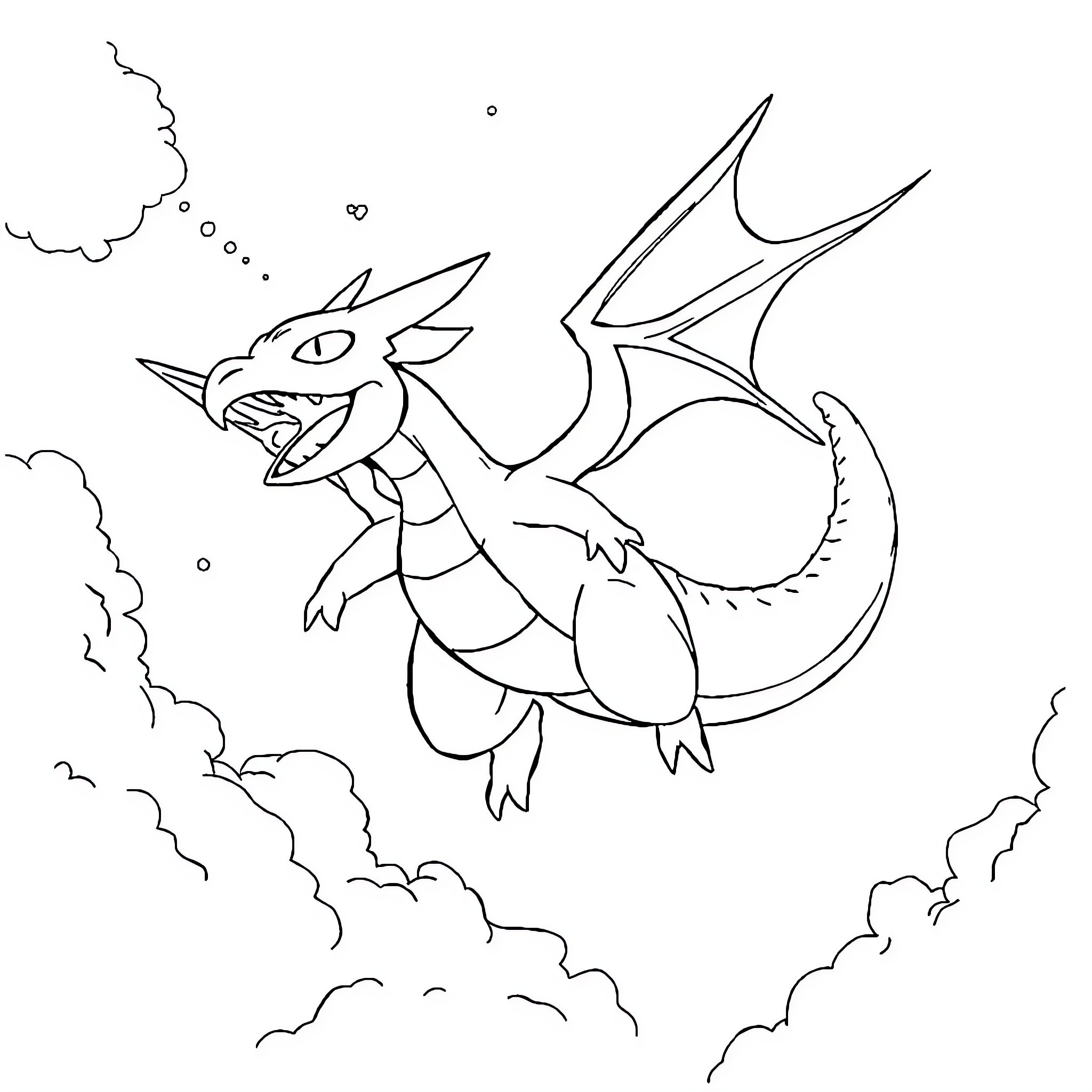 Dracaufeu unleashing its fiery power in the sky Coloring Page (free black-and-white line drawing printable PDF for all, from beginners to advanced learners, including children, teens, adults, and seniors)