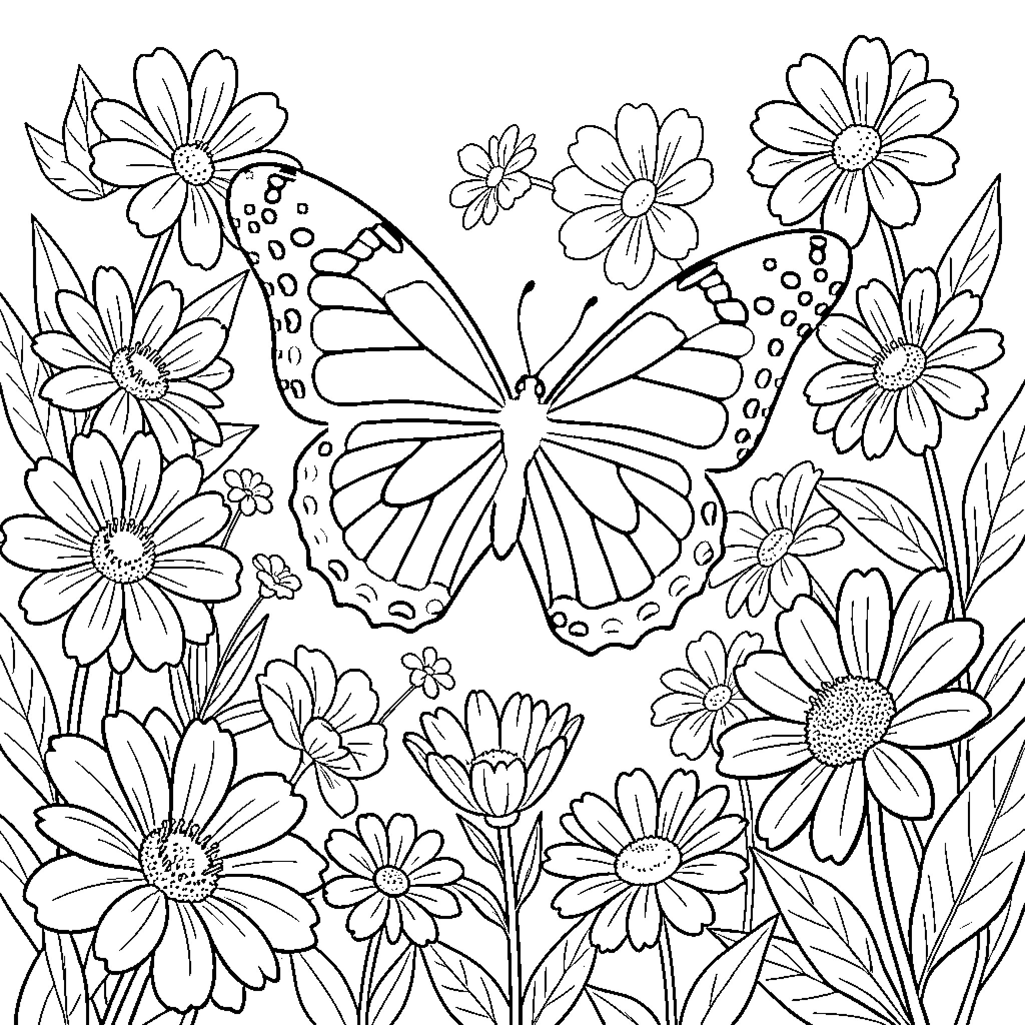 Butterfly amidst beautiful wildflowers Coloring Page (free black-and-white line drawing printable PDF for all, from beginners to advanced learners, including children, teens, adults, and seniors)