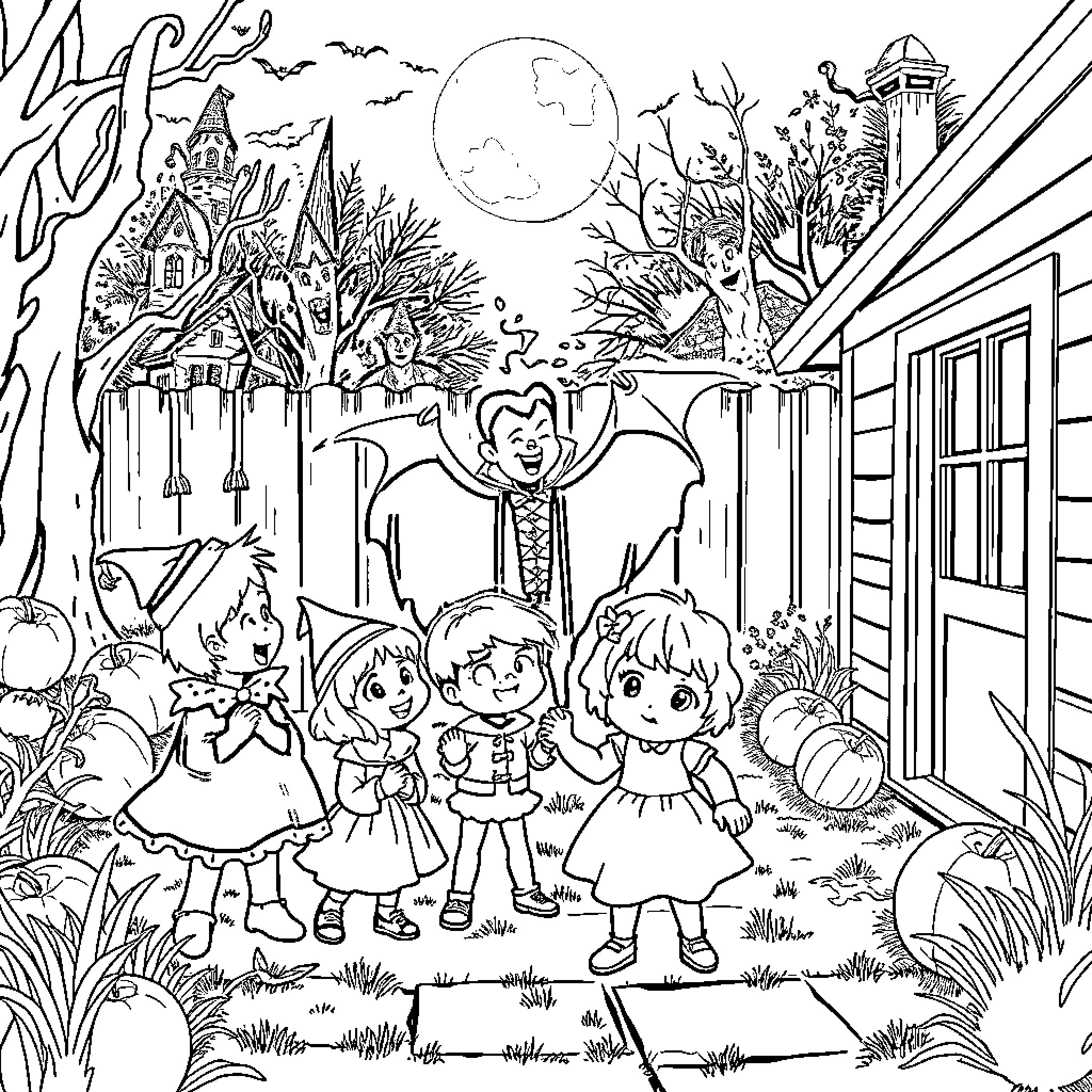 Child Dressed in Costumes Exploring Spooky Halloween Scene Coloring Page (free black-and-white line drawing printable PDF for all, from beginners to advanced learners, including children, teens, adults, and seniors)