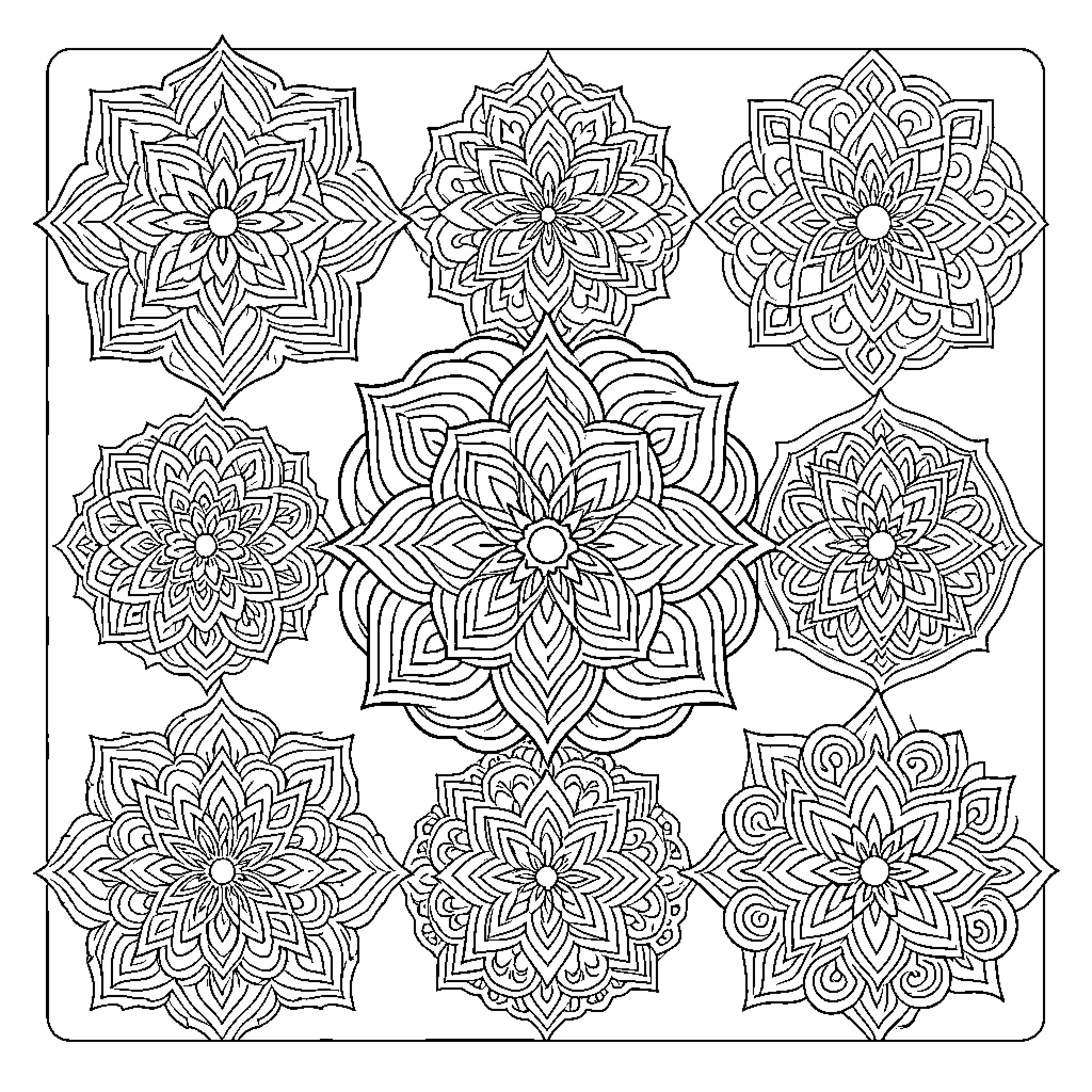 Mandalas arranged in a symmetrical geometric pattern Coloring Page (free black-and-white line drawing printable PDF for all, from beginners to advanced learners, including children, teens, adults, and seniors)