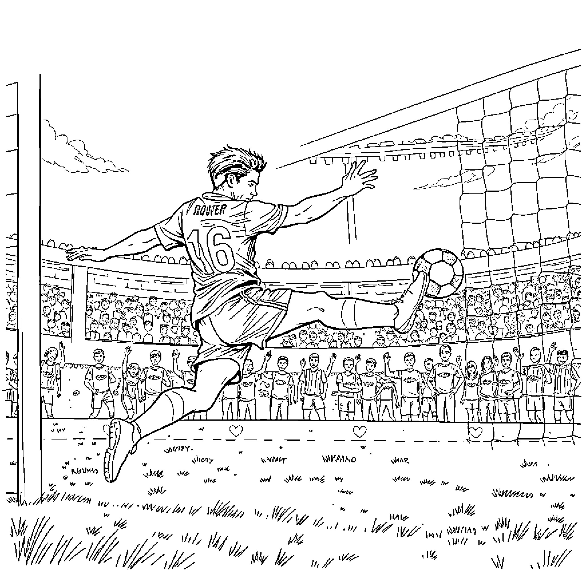 Football Player Scoring a Goal in Stadium Coloring Page (free black-and-white line drawing printable PDF for all, from beginners to advanced learners, including children, teens, adults, and seniors)