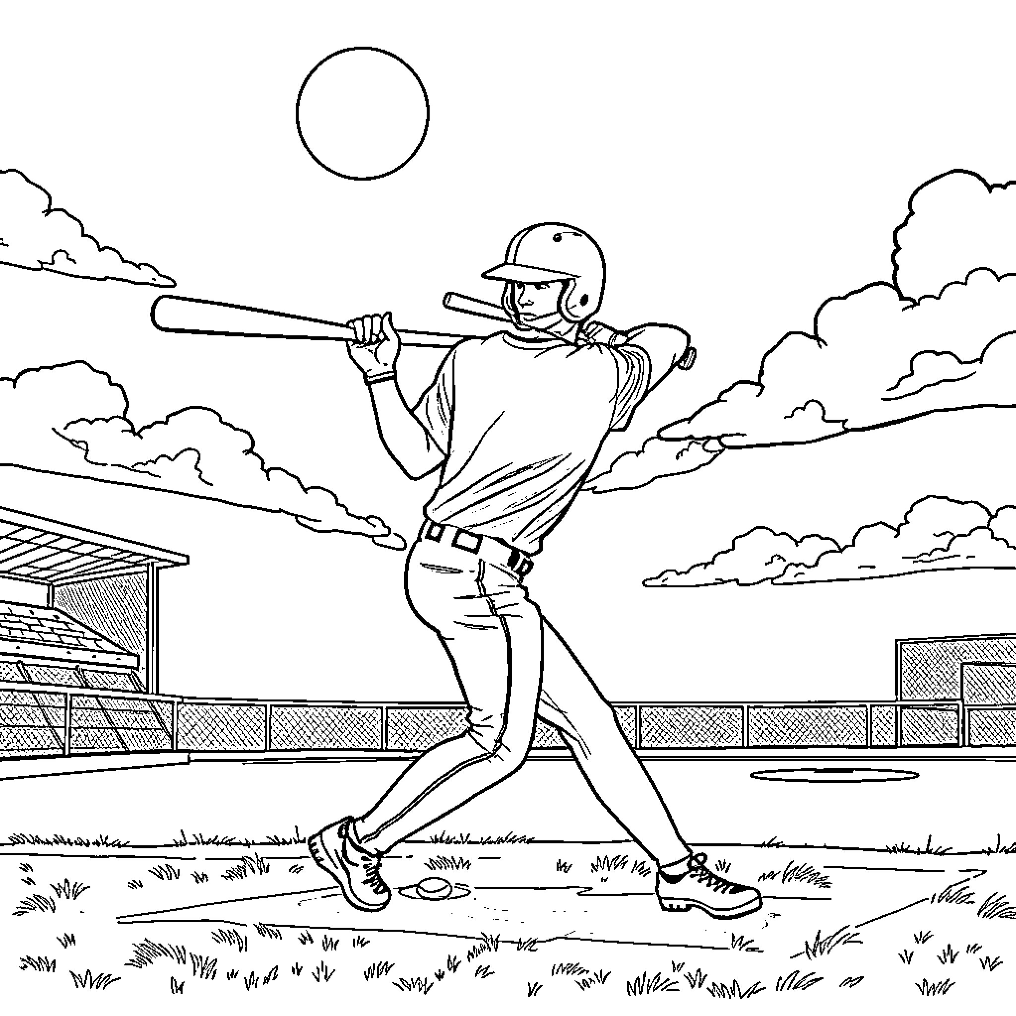 Baseball Player Batting at the Stadium Coloring Page (free black-and-white line drawing printable PDF for all, from beginners to advanced learners, including children, teens, adults, and seniors)