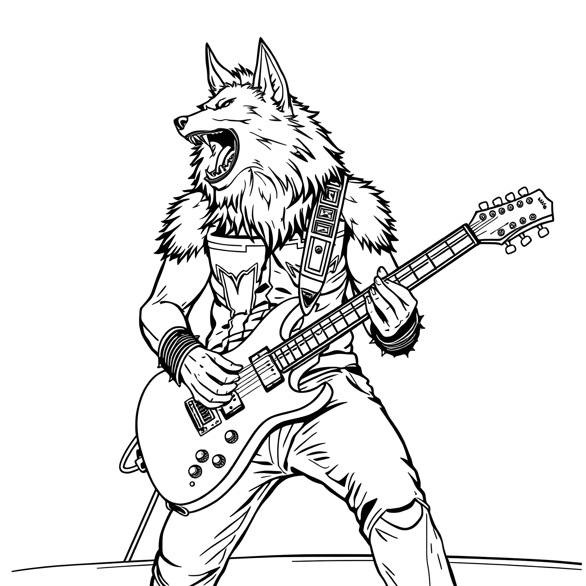 Guitar Player Performing on Stage with Fur and Fangs Coloring Page (free black-and-white line drawing printable PDF for all, from beginners to advanced learners, including children, teens, adults, and seniors)