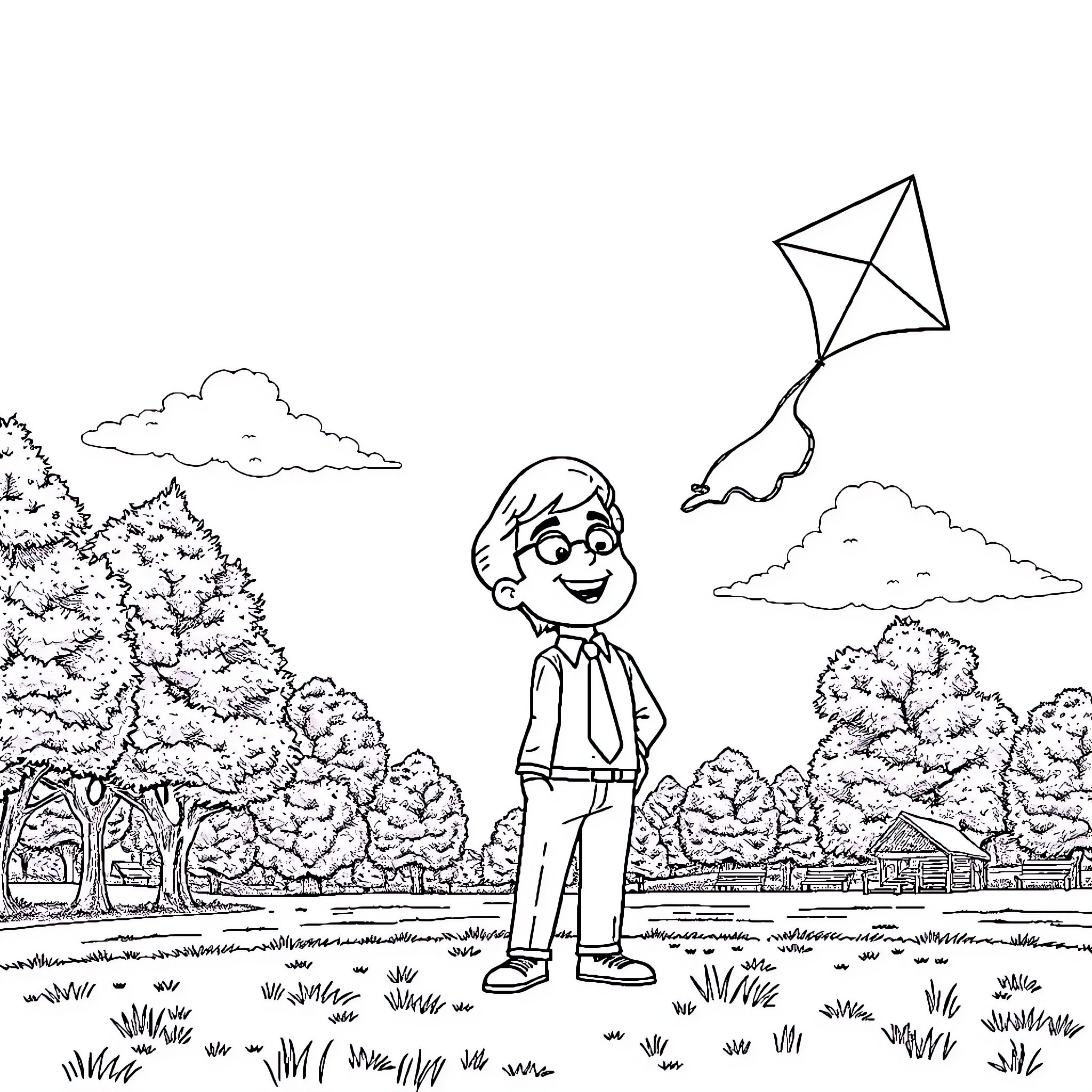 Toby flies his kite in the park Coloring Page (free black-and-white line drawing printable PDF for all, from beginners to advanced learners, including children, teens, adults, and seniors)
