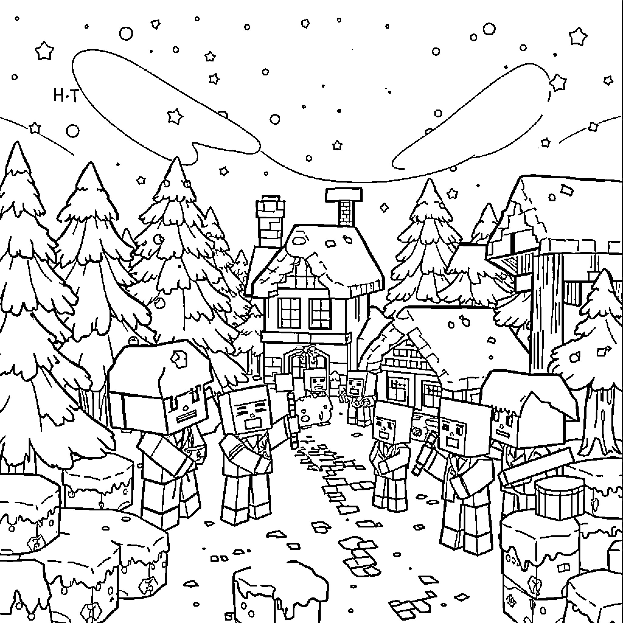 Minecraft winter wonderland with snowmen and cozy houses Coloring Page (free black-and-white line drawing printable PDF for all, from beginners to advanced learners, including children, teens, adults, and seniors)
