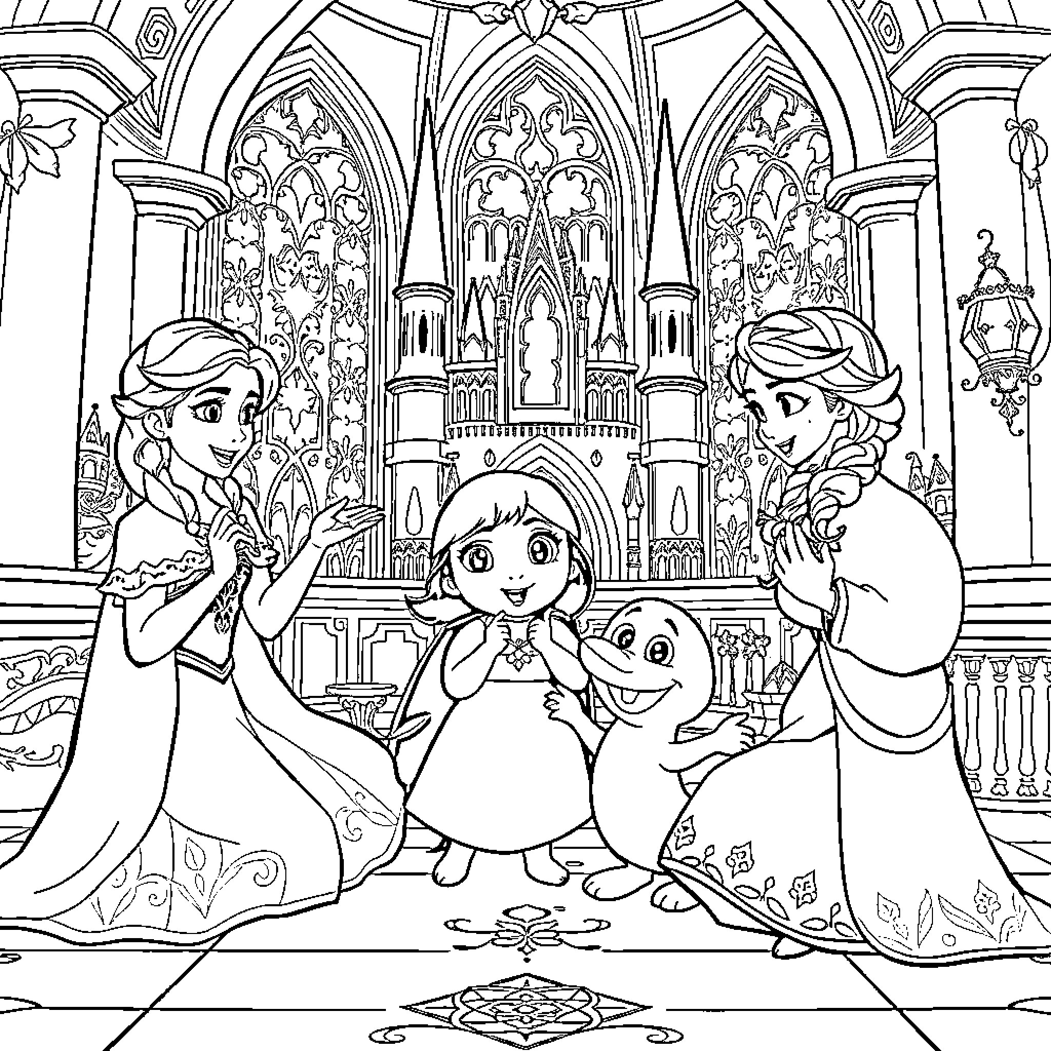Anna and friends gathering happily in a grand castle Coloring Page (free black-and-white line drawing printable PDF for all, from beginners to advanced learners, including children, teens, adults, and seniors)