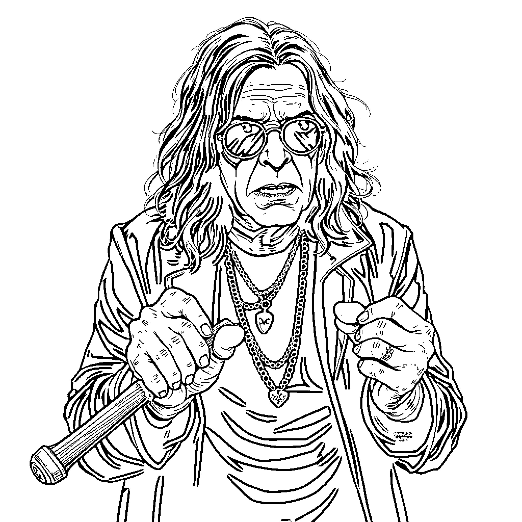 Ozzy Osbourne's Animated Angry Gaze and Signature Attire Coloring Page (free black-and-white line drawing printable PDF for all, from beginners to advanced learners, including children, teens, adults, and seniors)