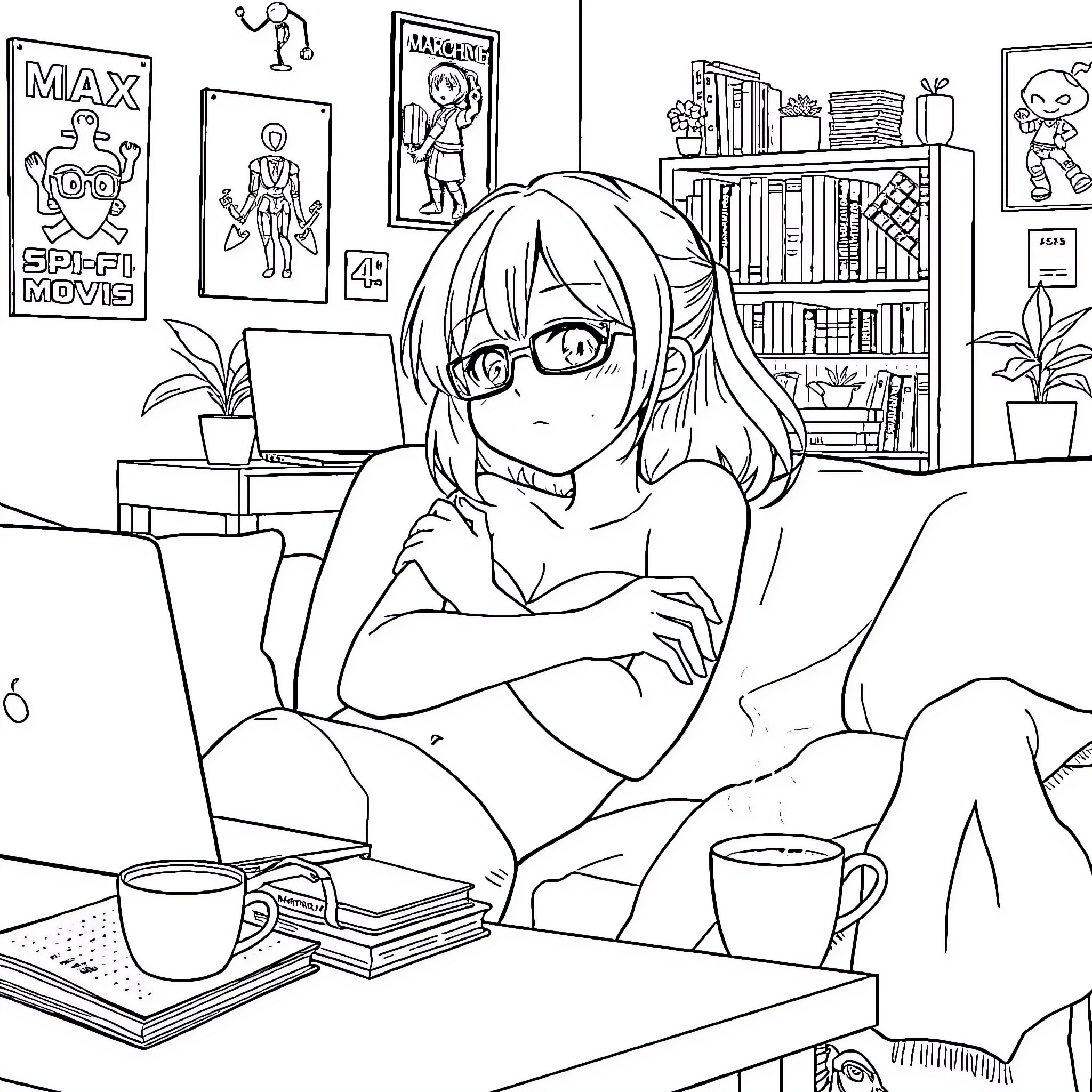 Anime Girl Studying and Reading in a Cozy Room Coloring Page (free black-and-white line drawing printable PDF for all, from beginners to advanced learners, including children, teens, adults, and seniors)