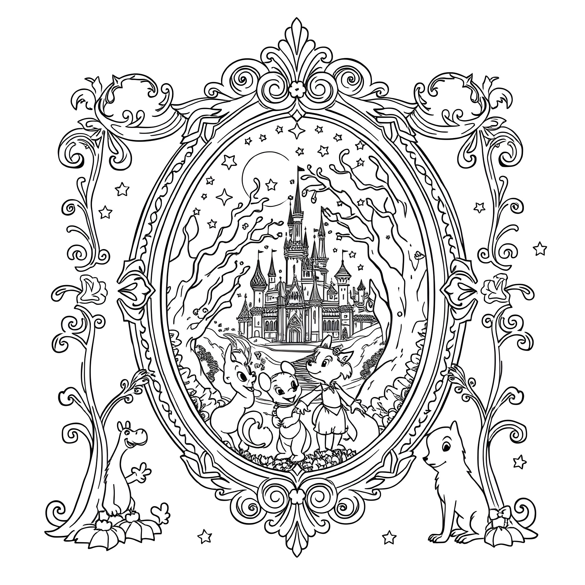 Mirror of a Magical Realm Coloring Page (free black-and-white line drawing printable PDF for all, from beginners to advanced learners, including children, teens, adults, and seniors)