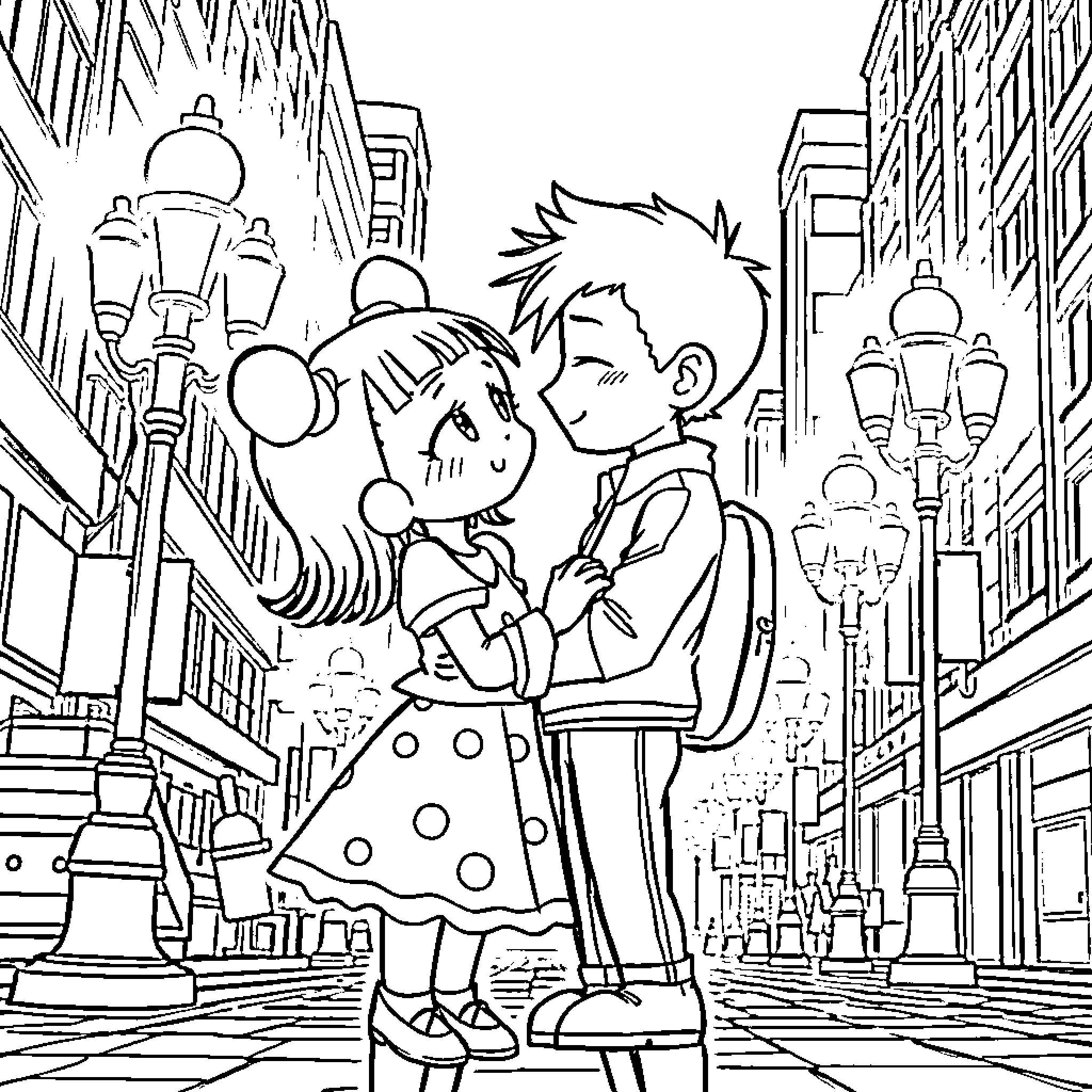 Pucca sharing a romantic moment with her love interest in the city Coloring Page (free black-and-white line drawing printable PDF for all, from beginners to advanced learners, including children, teens, adults, and seniors)