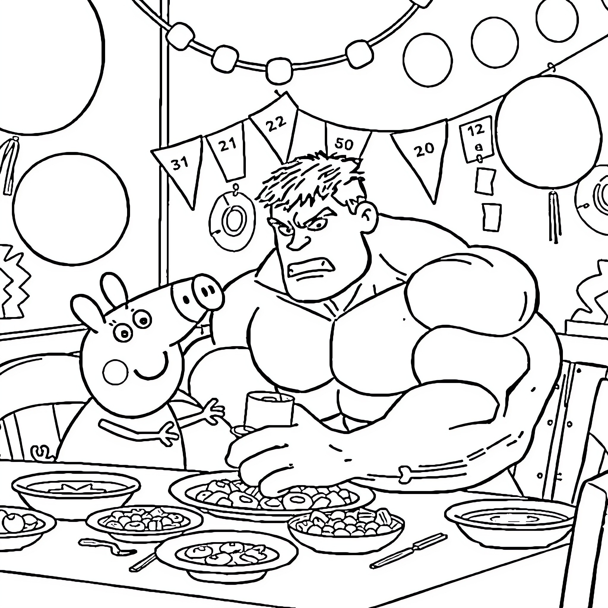 Hulk's Playful Party Antics Coloring Page (free black-and-white line drawing printable PDF for all, from beginners to advanced learners, including children, teens, adults, and seniors)