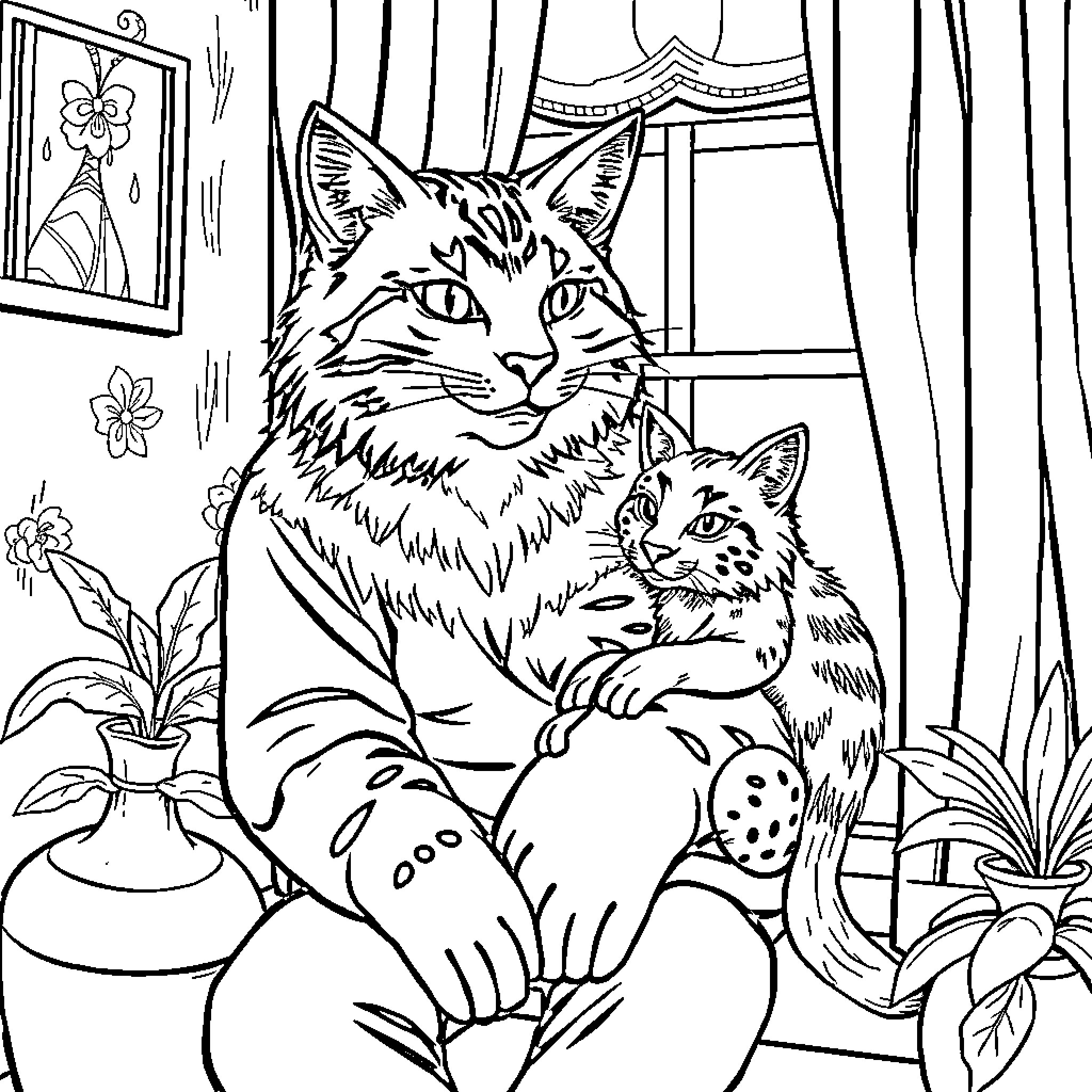 Homer Simpson and his feline companions in a cozy domestic setting Coloring Page (free black-and-white line drawing printable PDF for all, from beginners to advanced learners, including children, teens, adults, and seniors)