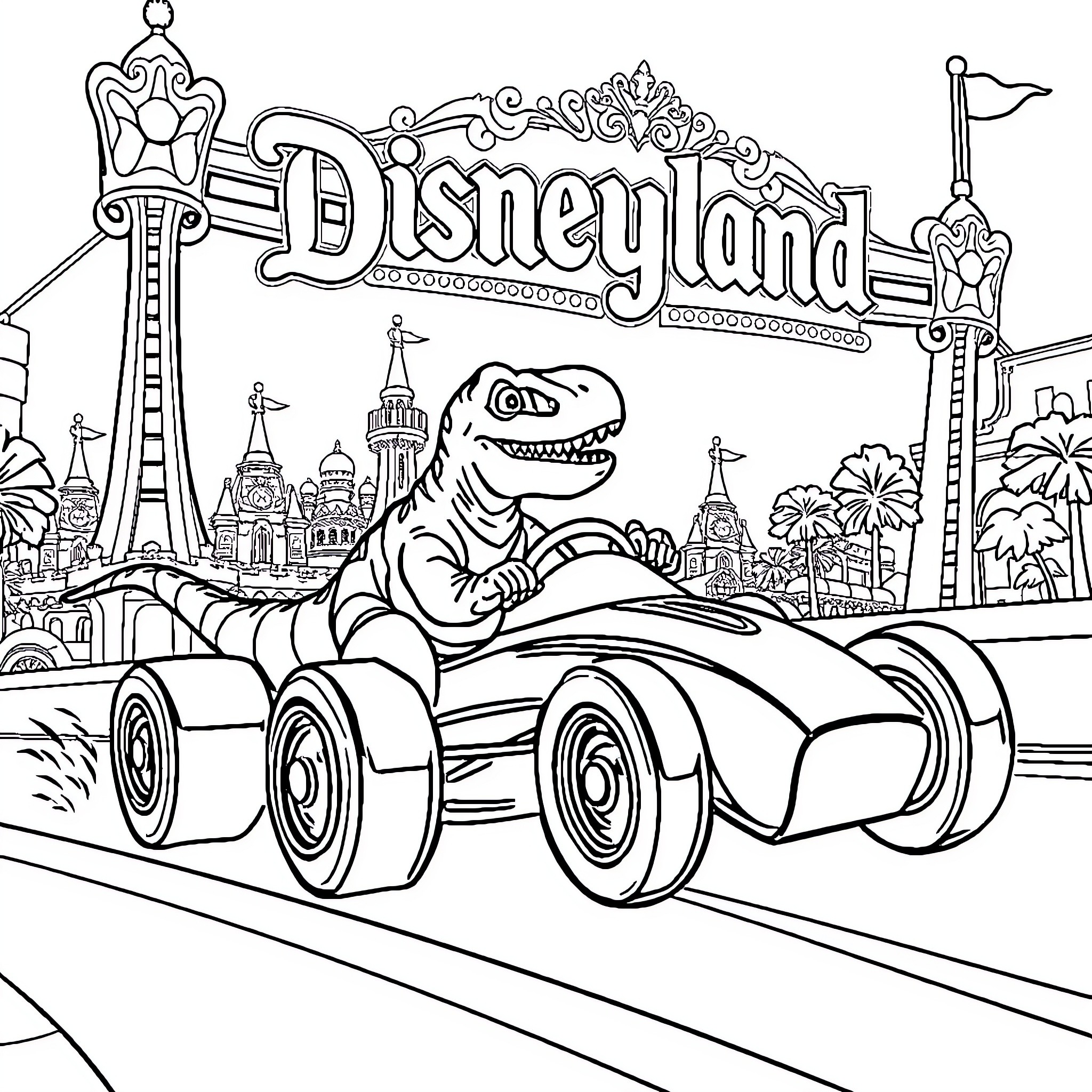Dinosaur driving fast car at Disneyland Coloring Page (free black-and-white line drawing printable PDF for all, from beginners to advanced learners, including children, teens, adults, and seniors)