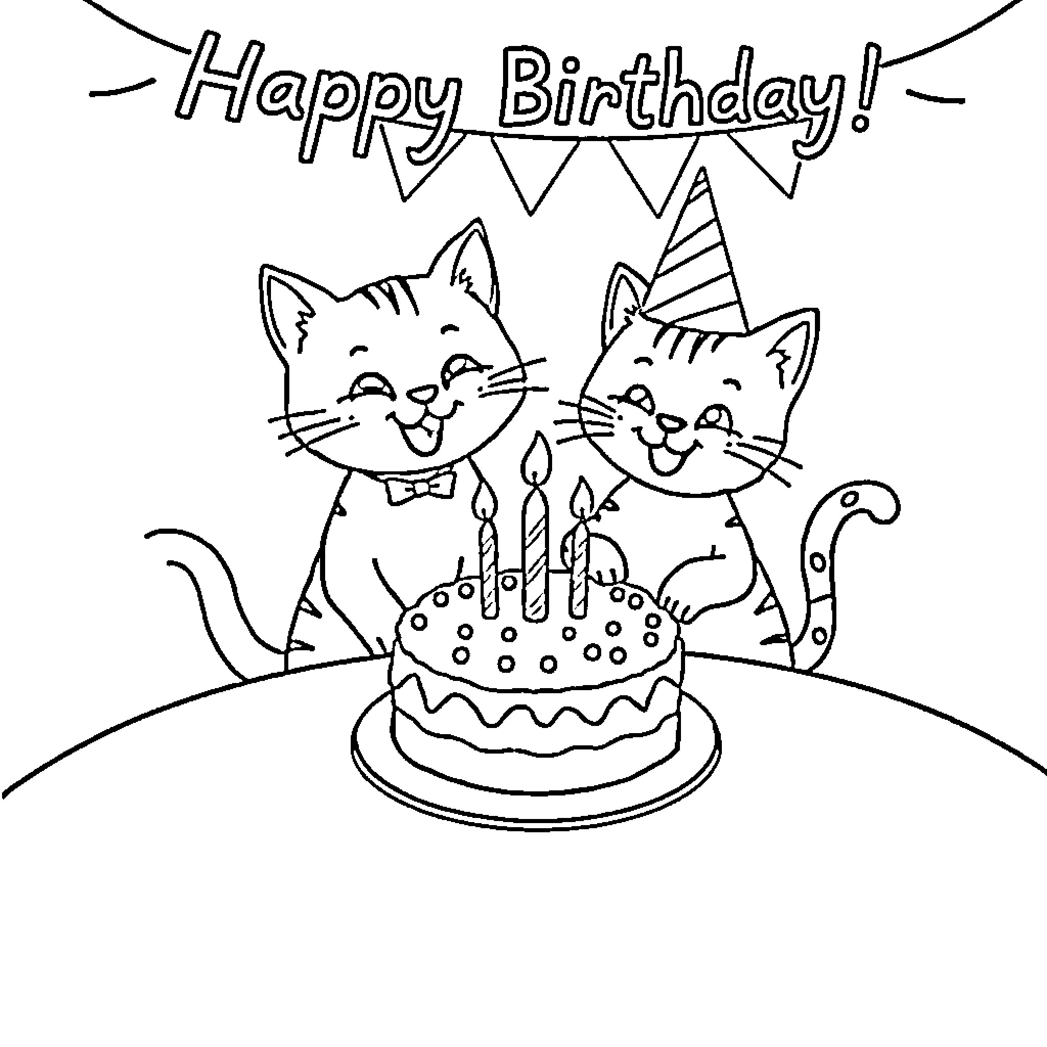 Cat Birthday Celebration with Cake Coloring Page (free black-and-white line drawing printable PDF for all, from beginners to advanced learners, including children, teens, adults, and seniors)