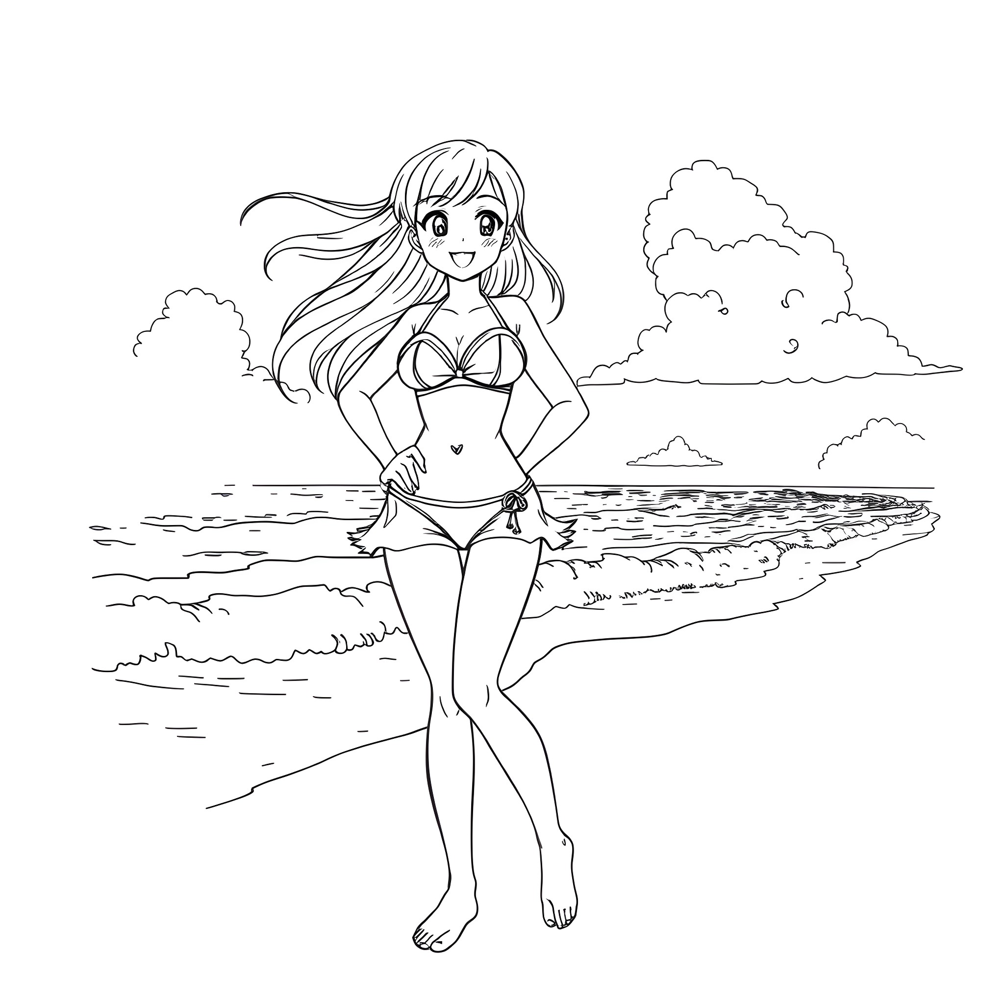 Anime Girl Enjoying a Day at the Beach Coloring Page (free black-and-white line drawing printable PDF for all, from beginners to advanced learners, including children, teens, adults, and seniors)