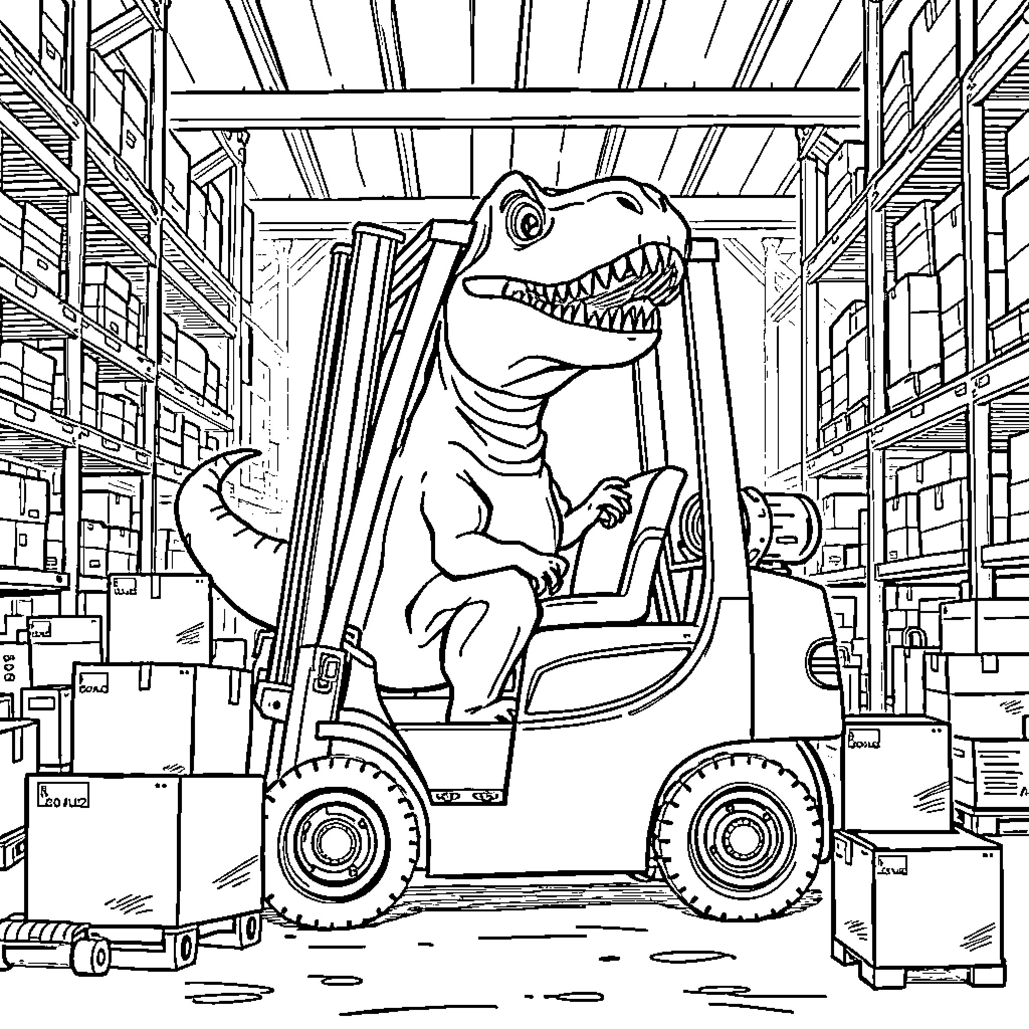 Dinosaur Operating a Forklift in a Warehouse Coloring Page (free black-and-white line drawing printable PDF for all, from beginners to advanced learners, including children, teens, adults, and seniors)