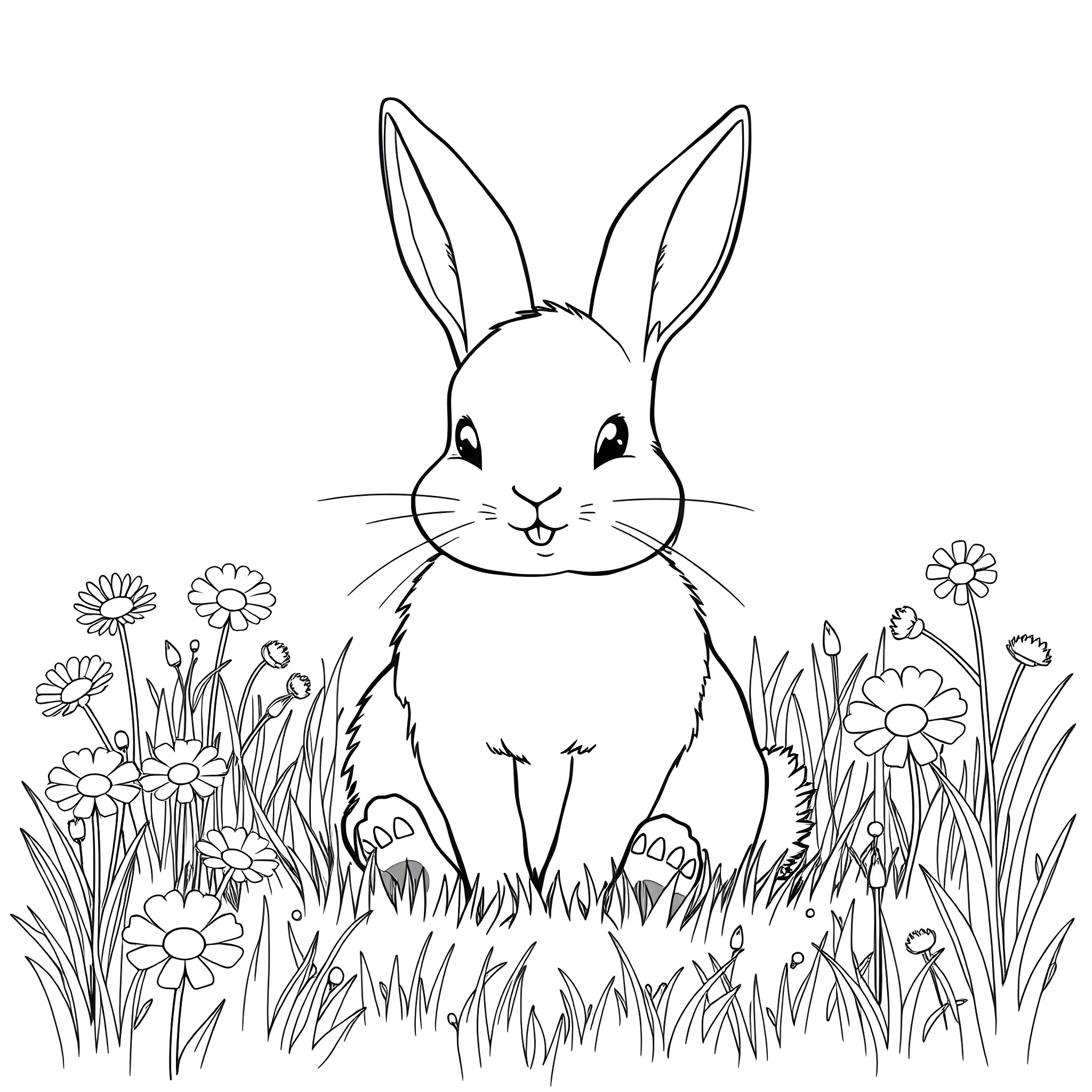 Bunny sitting among flowers and grass Coloring Page (free black-and-white line drawing printable PDF for all, from beginners to advanced learners, including children, teens, adults, and seniors)