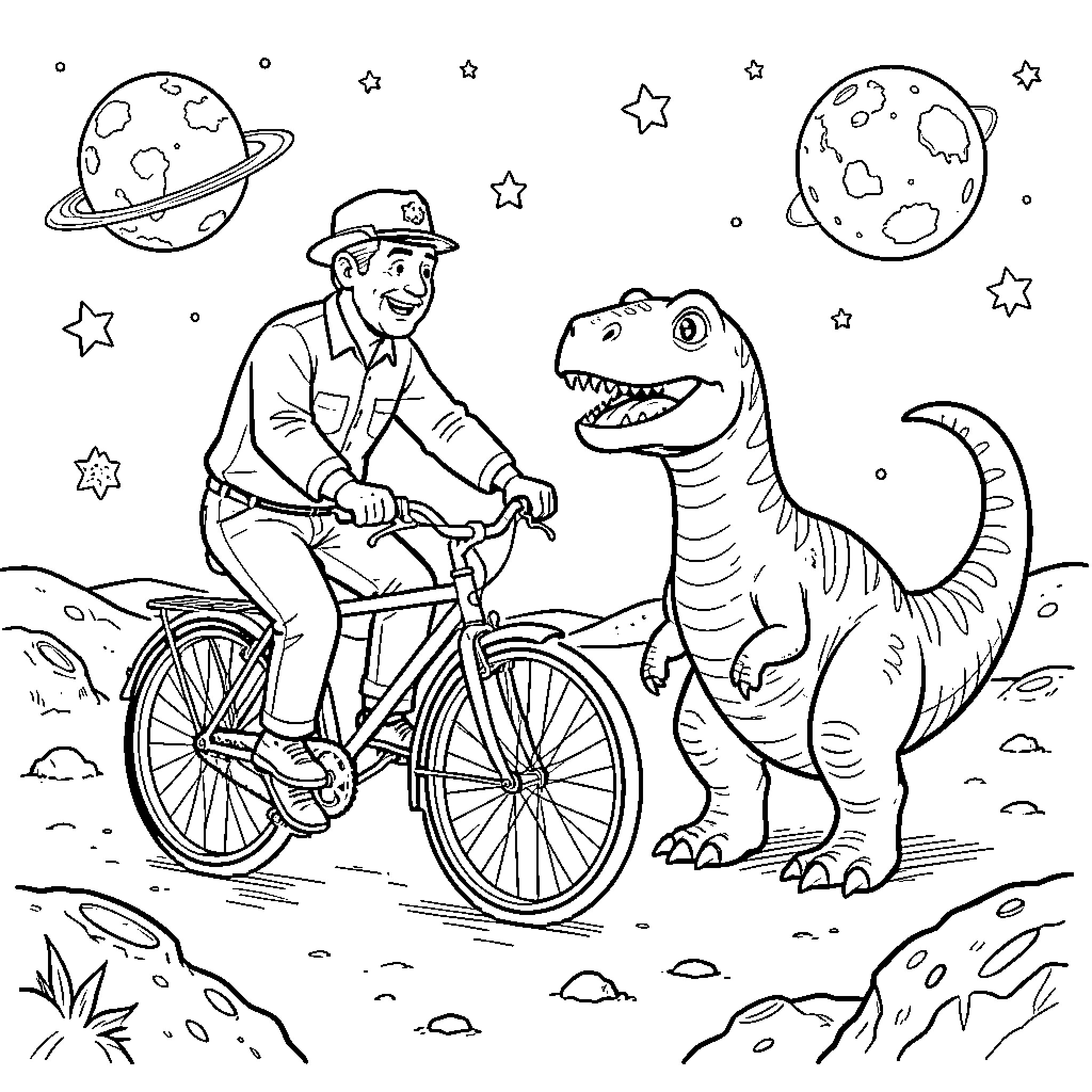 Barman riding a bicycle and meeting a dinosaur Coloring Page (free black-and-white line drawing printable PDF for all, from beginners to advanced learners, including children, teens, adults, and seniors)