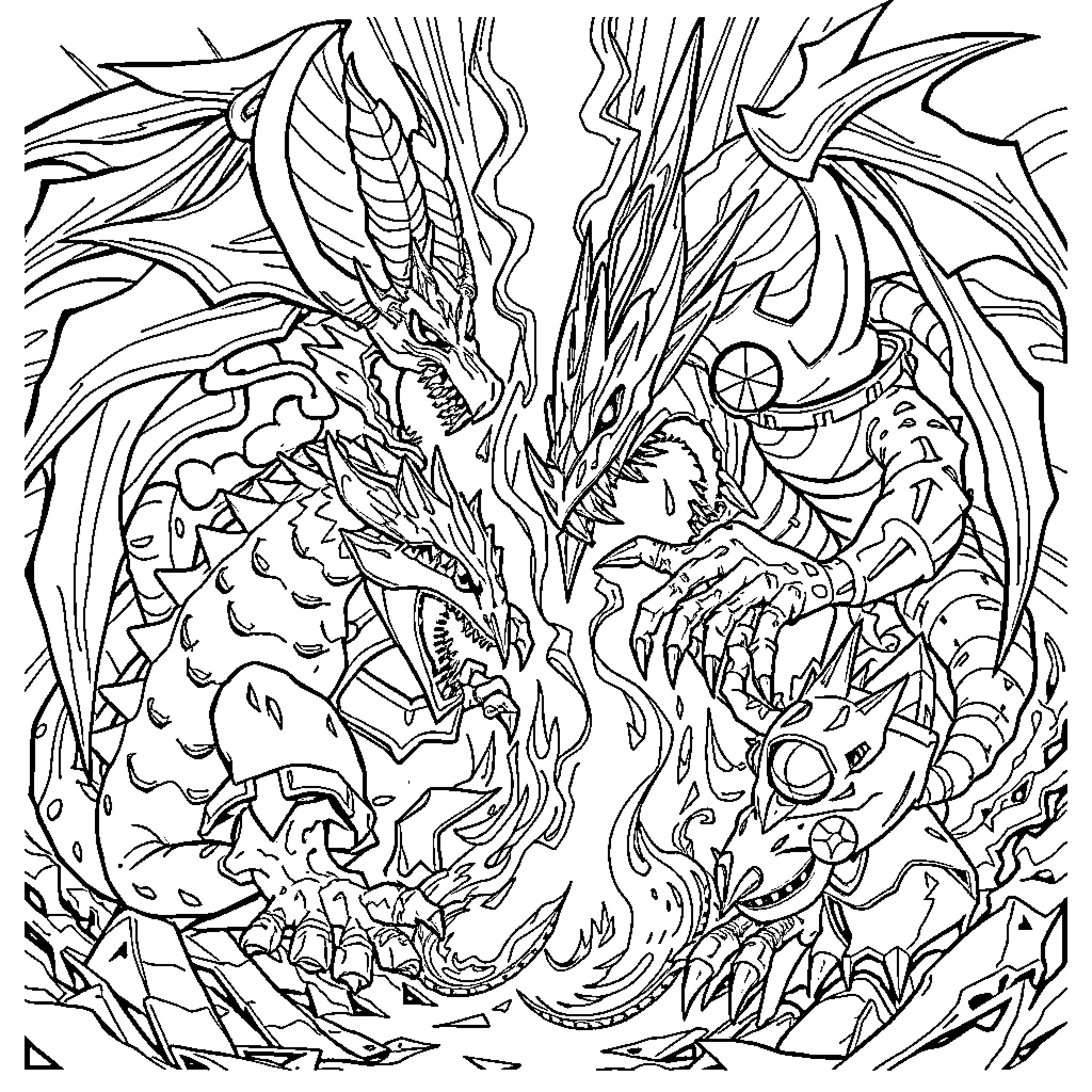 Yugioh Dragon Duel with Fierce Creatures Coloring Page (free black-and-white line drawing printable PDF for all, from beginners to advanced learners, including children, teens, adults, and seniors)