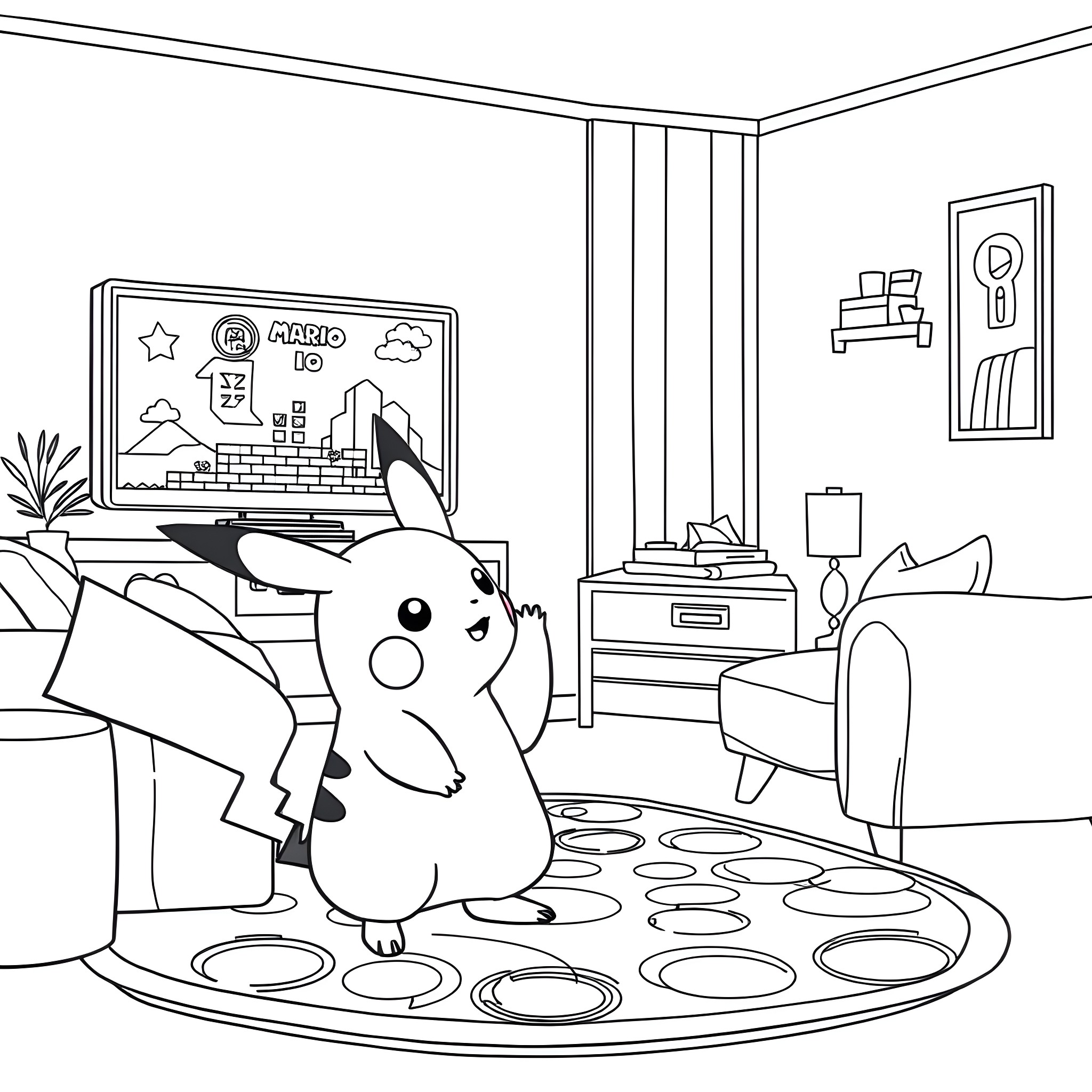 Pikachu playing video games in a cozy room Coloring Page (free black-and-white line drawing printable PDF for all, from beginners to advanced learners, including children, teens, adults, and seniors)