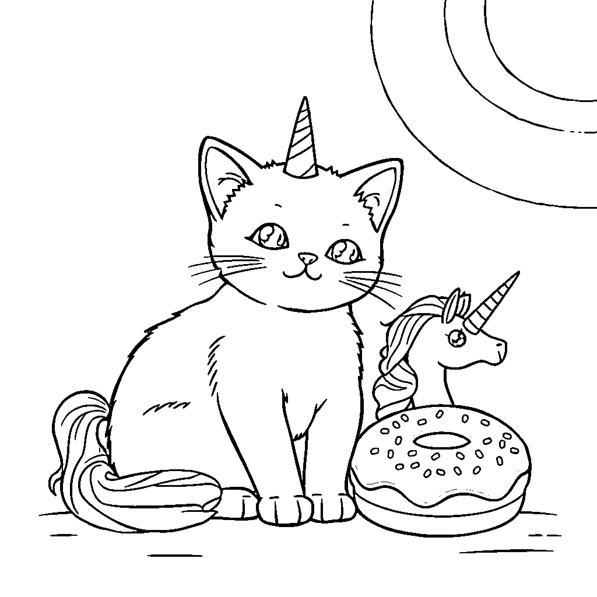 Unicorn cat enjoying a donut Coloring Page (free black-and-white line drawing printable PDF for all, from beginners to advanced learners, including children, teens, adults, and seniors)