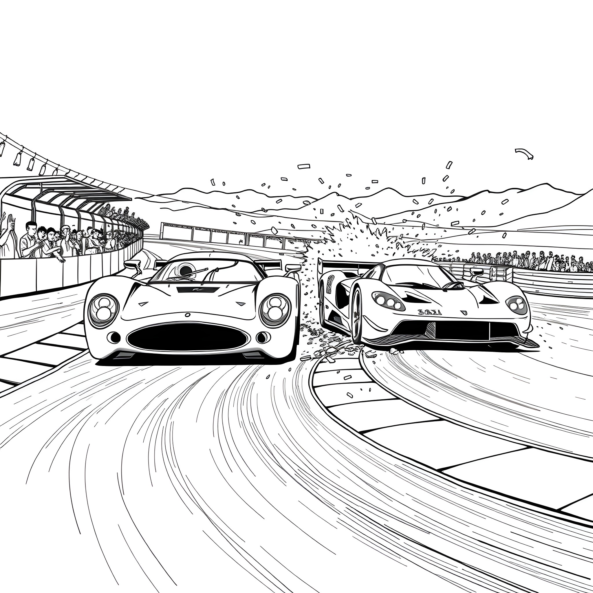 Cars racing on a high-speed track with spectators Coloring Page (free black-and-white line drawing printable PDF for all, from beginners to advanced learners, including children, teens, adults, and seniors)