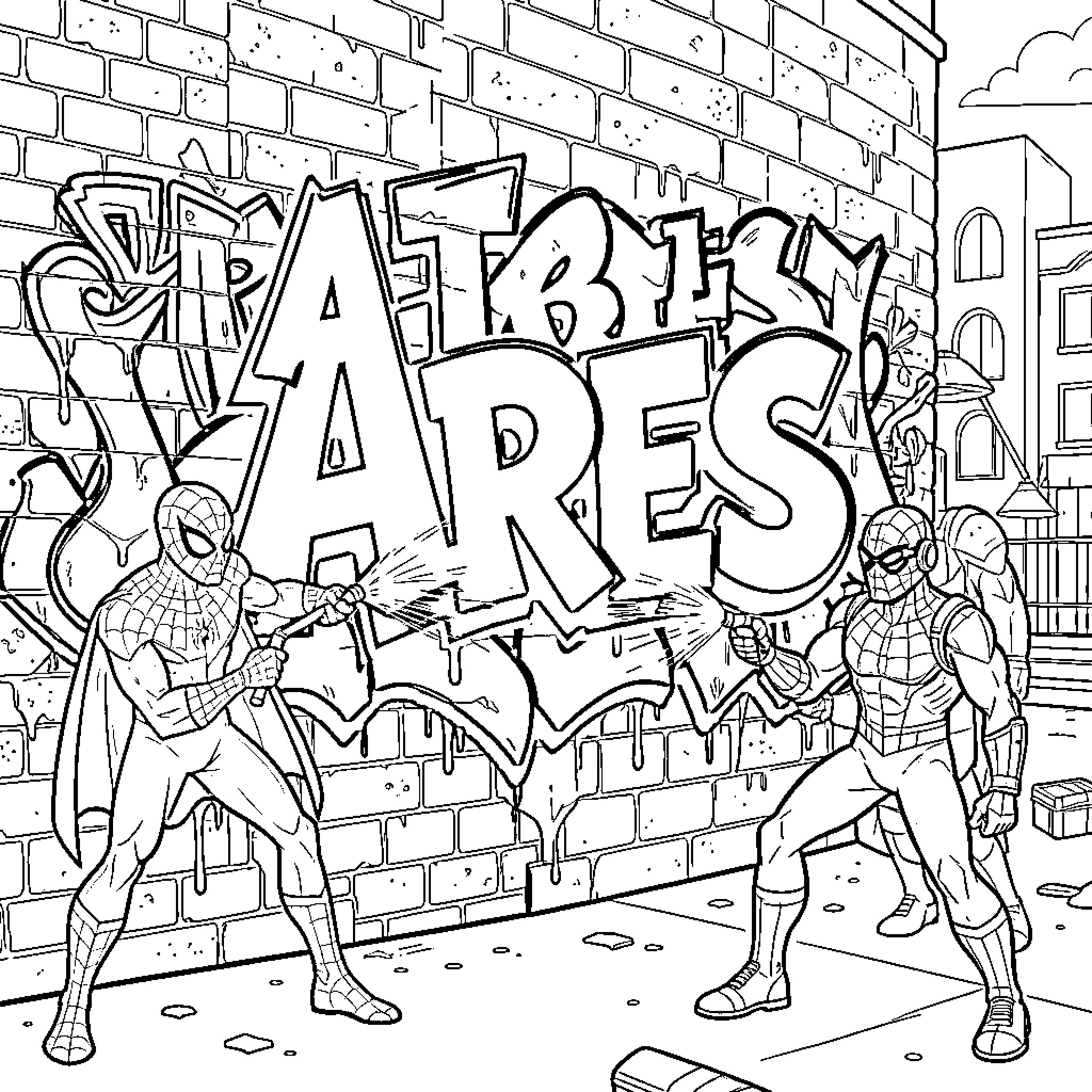Spidey Heroes Defend the City Coloring Page (free black-and-white line drawing printable PDF for all, from beginners to advanced learners, including children, teens, adults, and seniors)